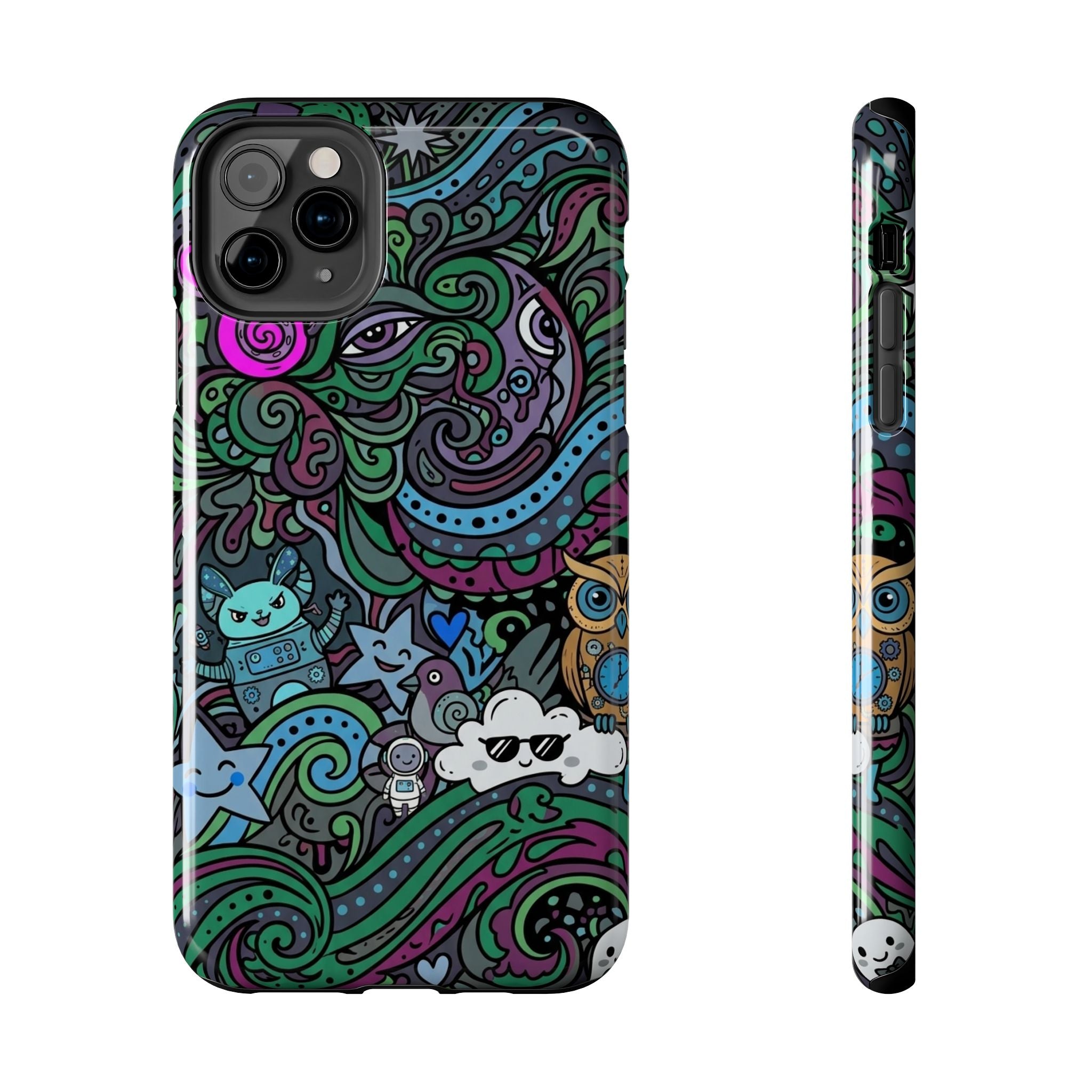 Doodle Night Tough Phone Case — Colorful Whimsical Cartoon Pattern for Teens & Adults