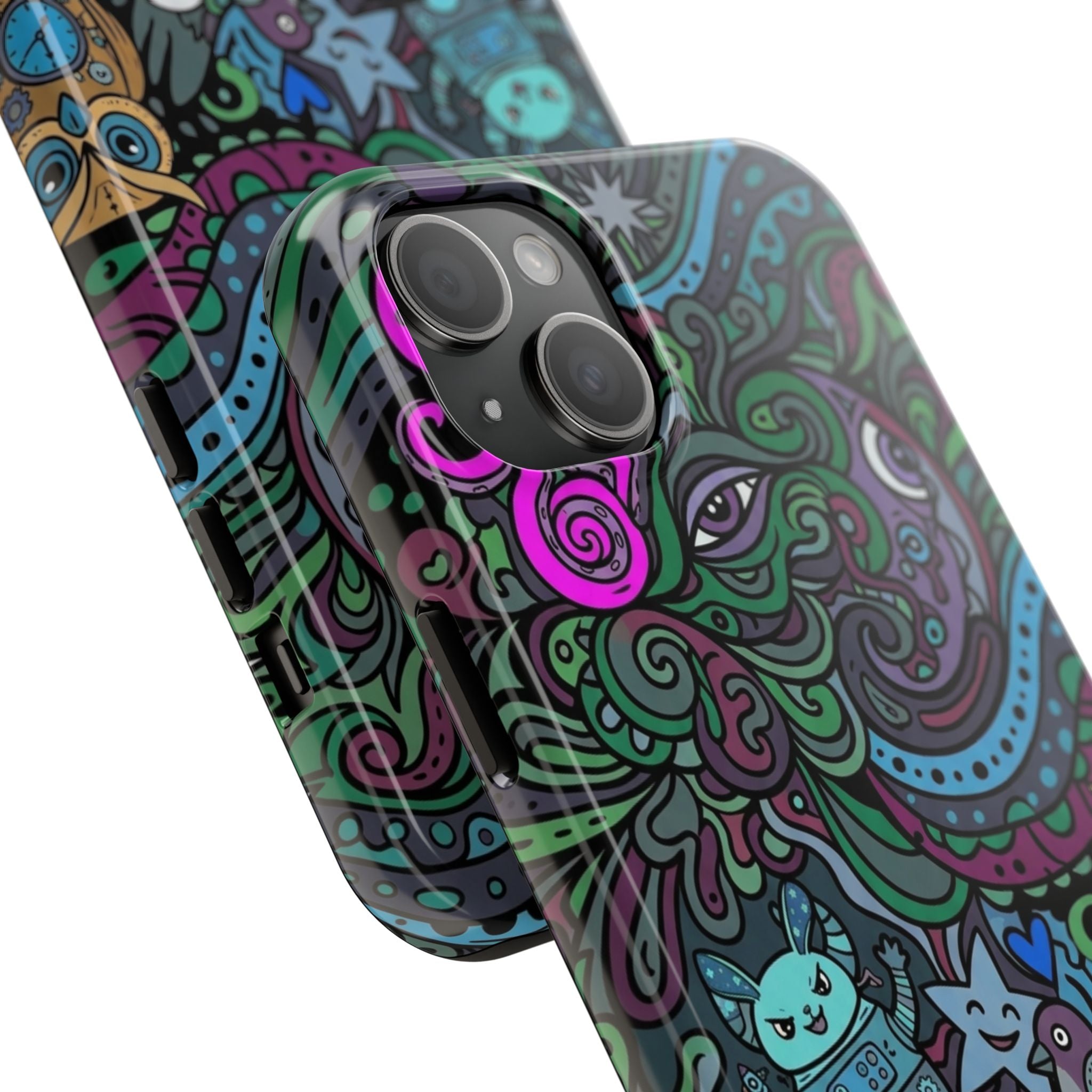 Doodle Night Tough Phone Case — Colorful Whimsical Cartoon Pattern for Teens & Adults