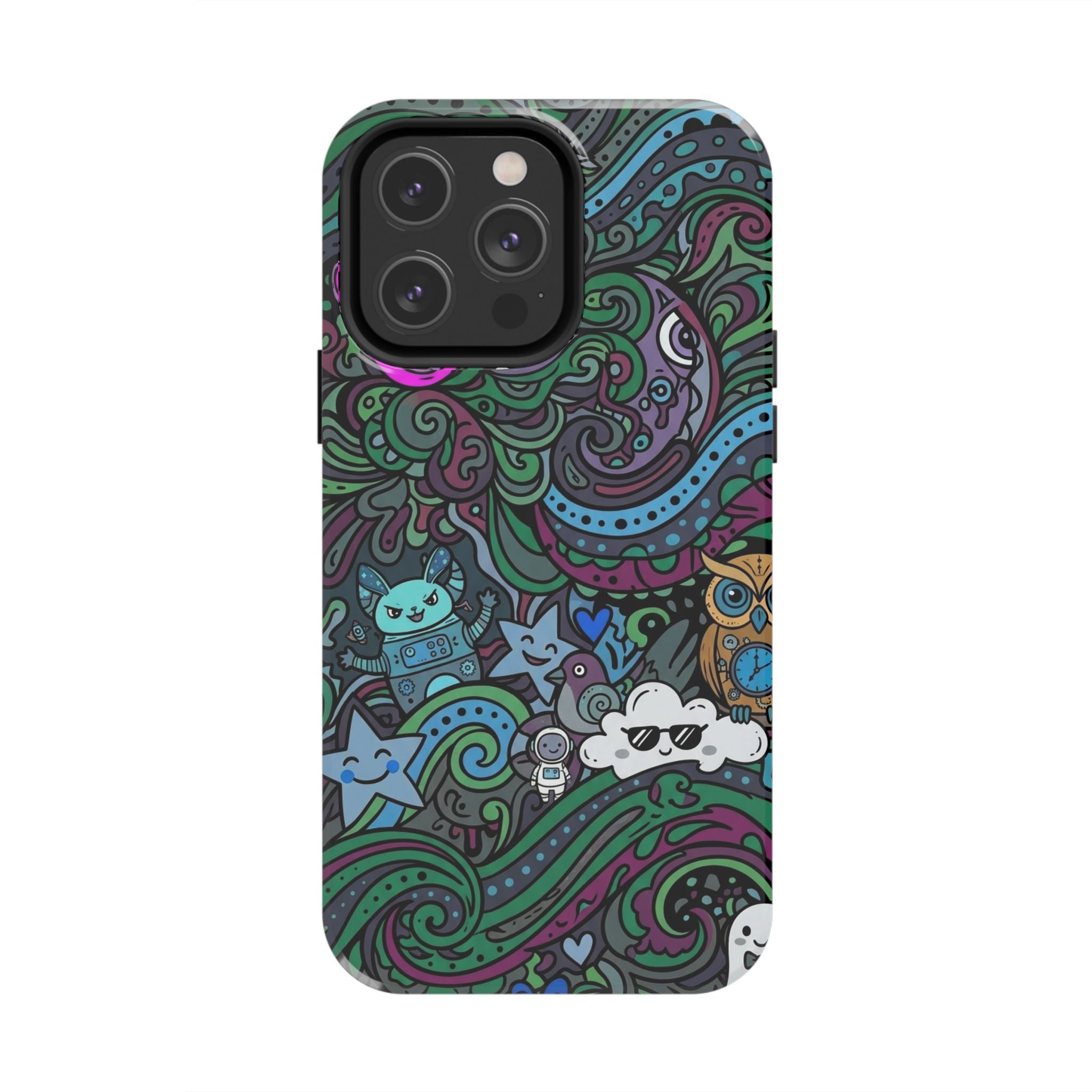 Doodle Night Tough Phone Case — Colorful Whimsical Cartoon Pattern for Teens & Adults