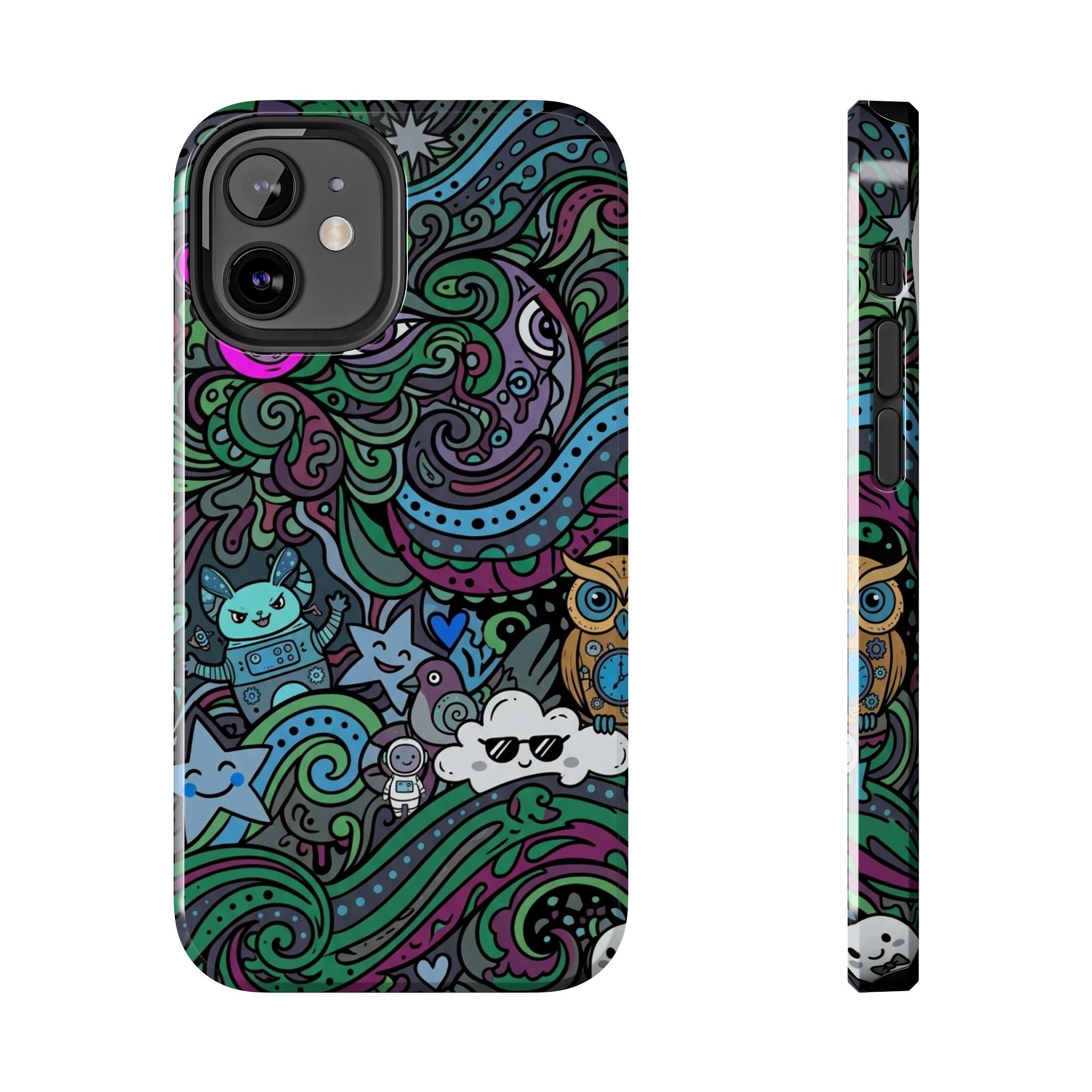 Doodle Night Tough Phone Case — Colorful Whimsical Cartoon Pattern for Teens & Adults