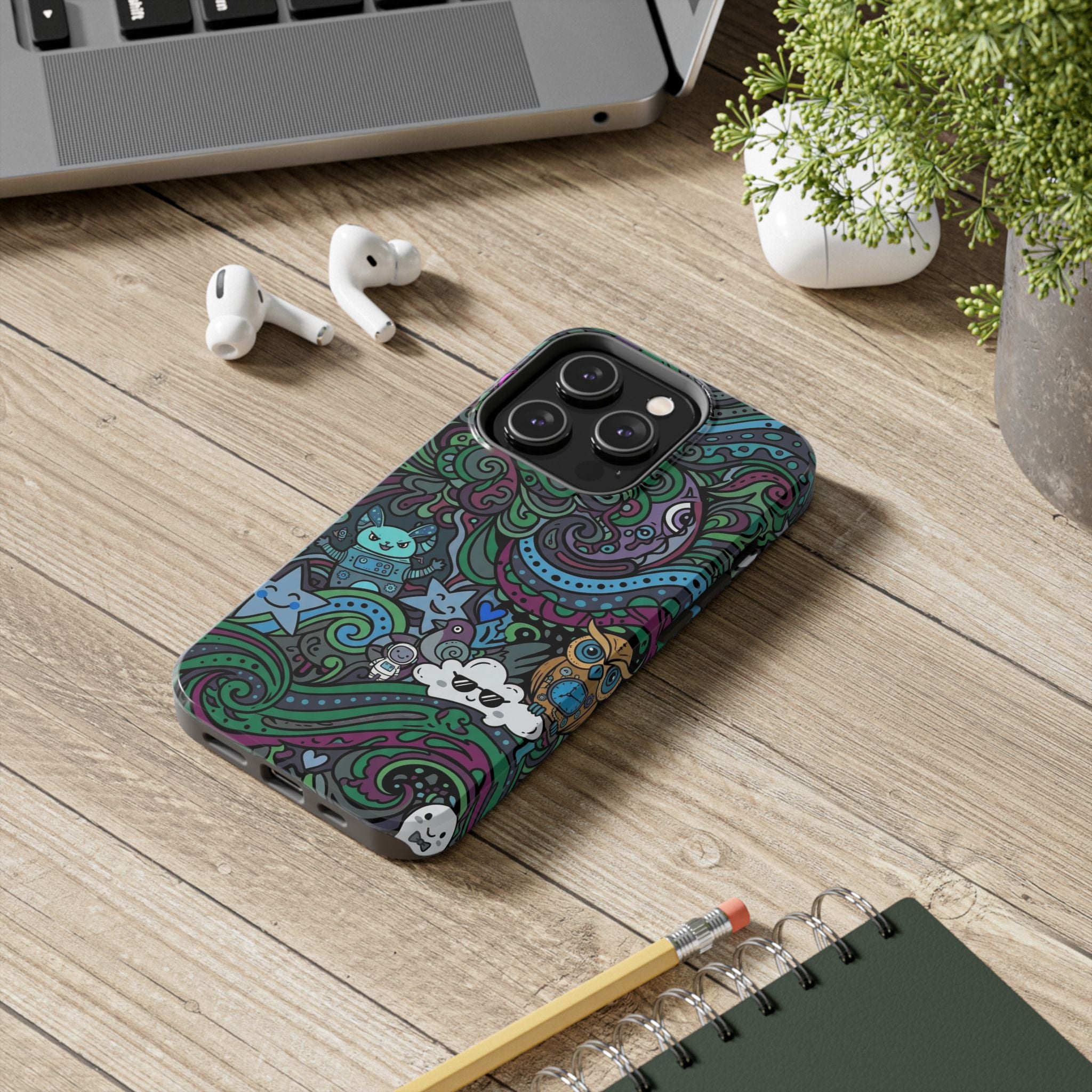 Doodle Night Tough Phone Case — Colorful Whimsical Cartoon Pattern for Teens & Adults