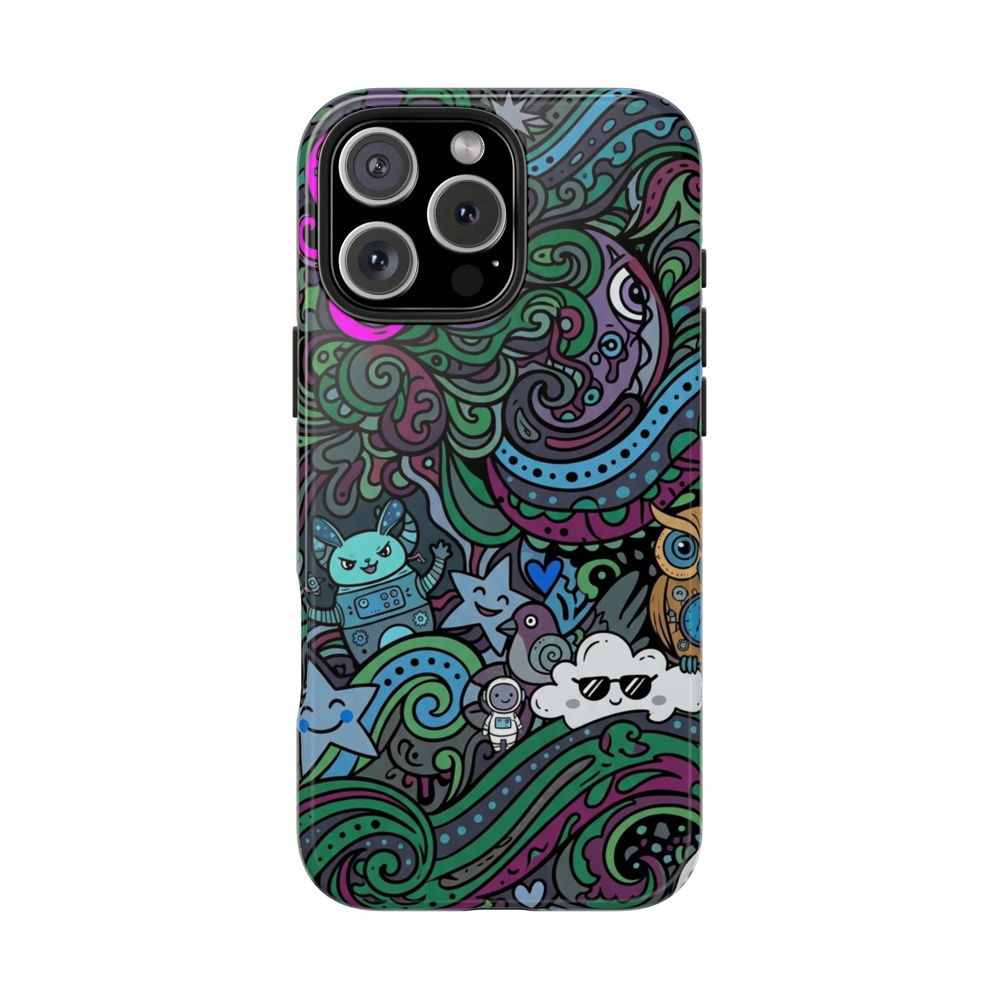 Doodle Night Tough Phone Case — Colorful Whimsical Cartoon Pattern for Teens & Adults