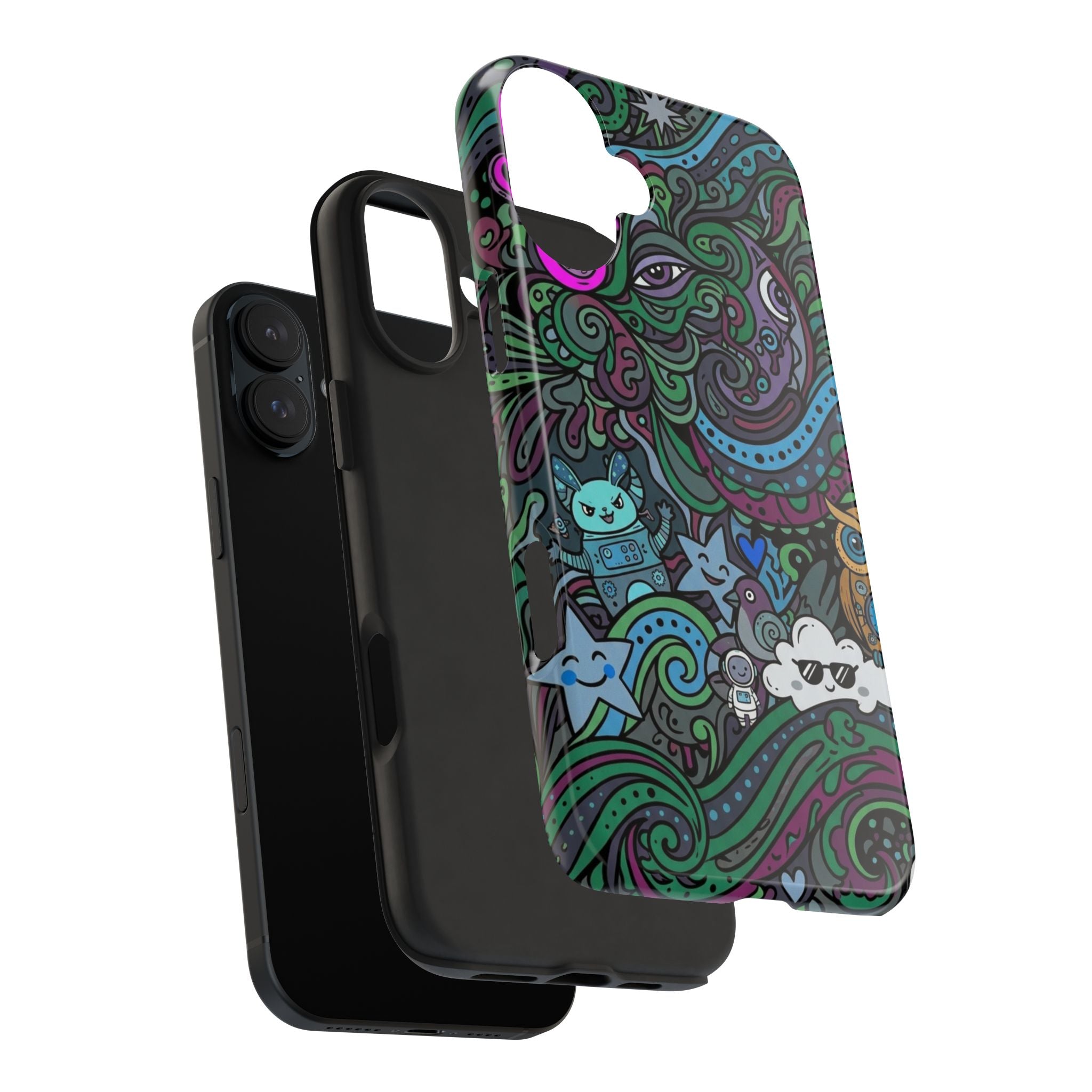 Doodle Night Tough Phone Case — Colorful Whimsical Cartoon Pattern for Teens & Adults