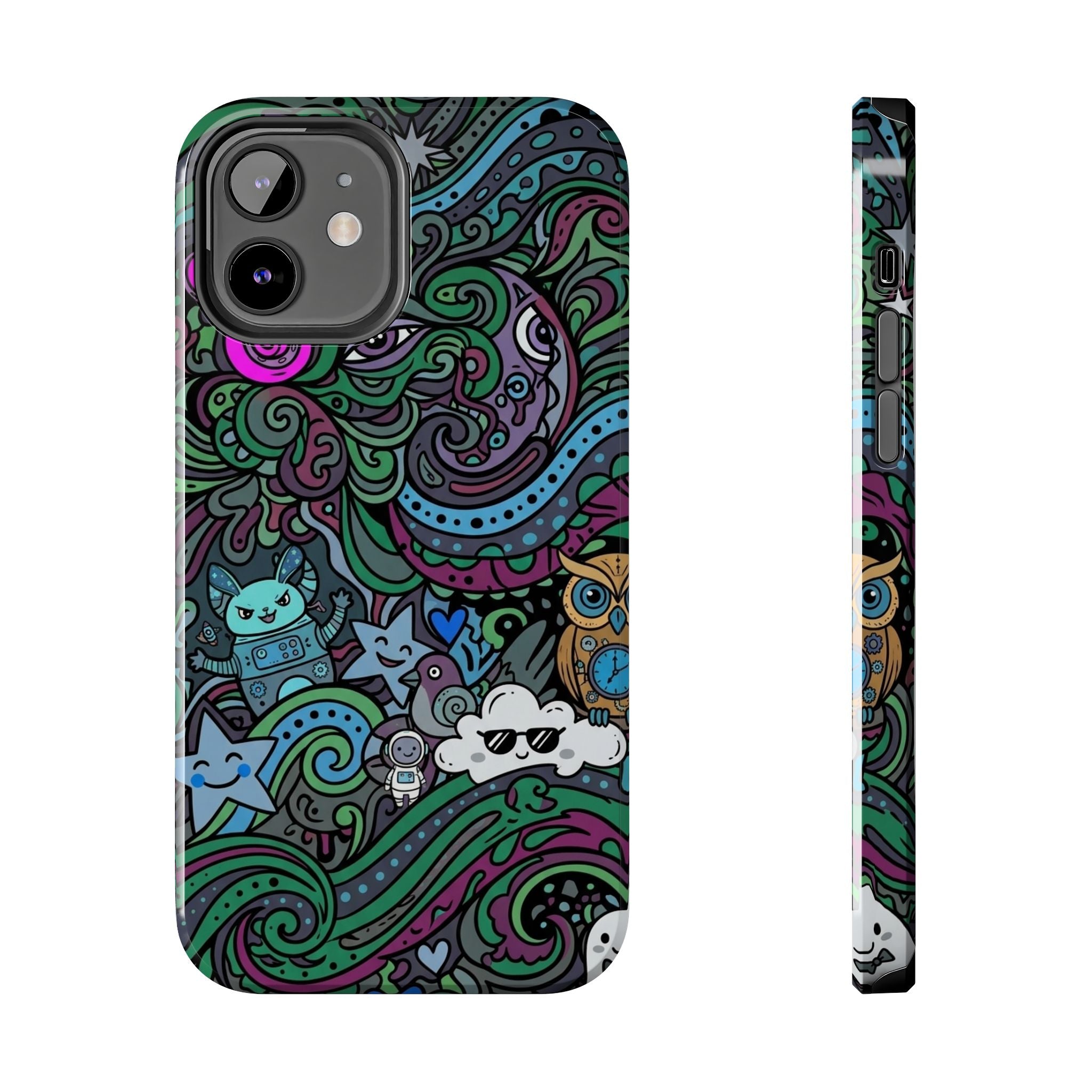 Doodle Night Tough Phone Case — Colorful Whimsical Cartoon Pattern for Teens & Adults