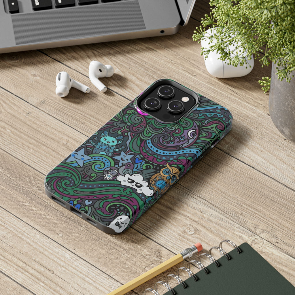 Doodle Night Tough Phone Case — Colorful Whimsical Cartoon Pattern for Teens & Adults