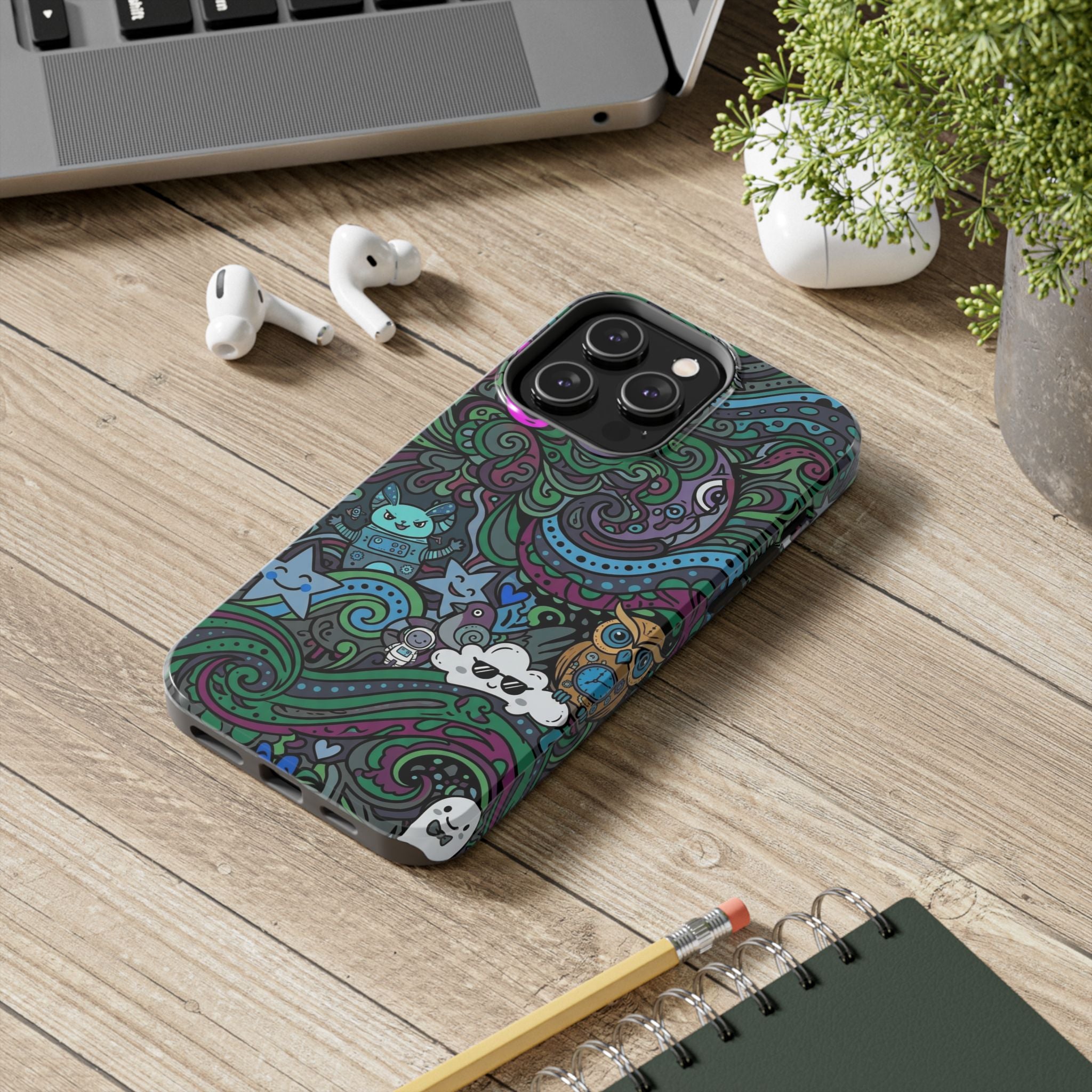Doodle Night Tough Phone Case — Colorful Whimsical Cartoon Pattern for Teens & Adults