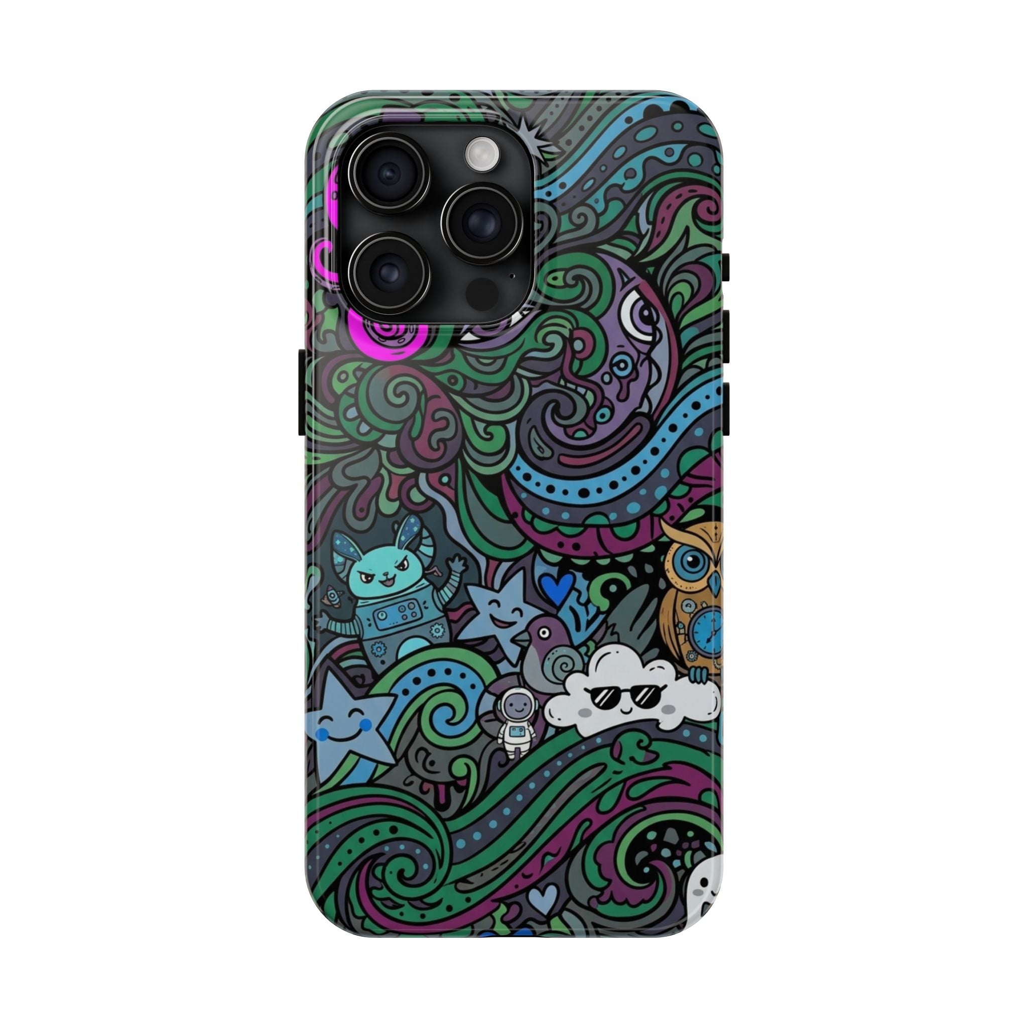 Doodle Night Tough Phone Case — Colorful Whimsical Cartoon Pattern for Teens & Adults