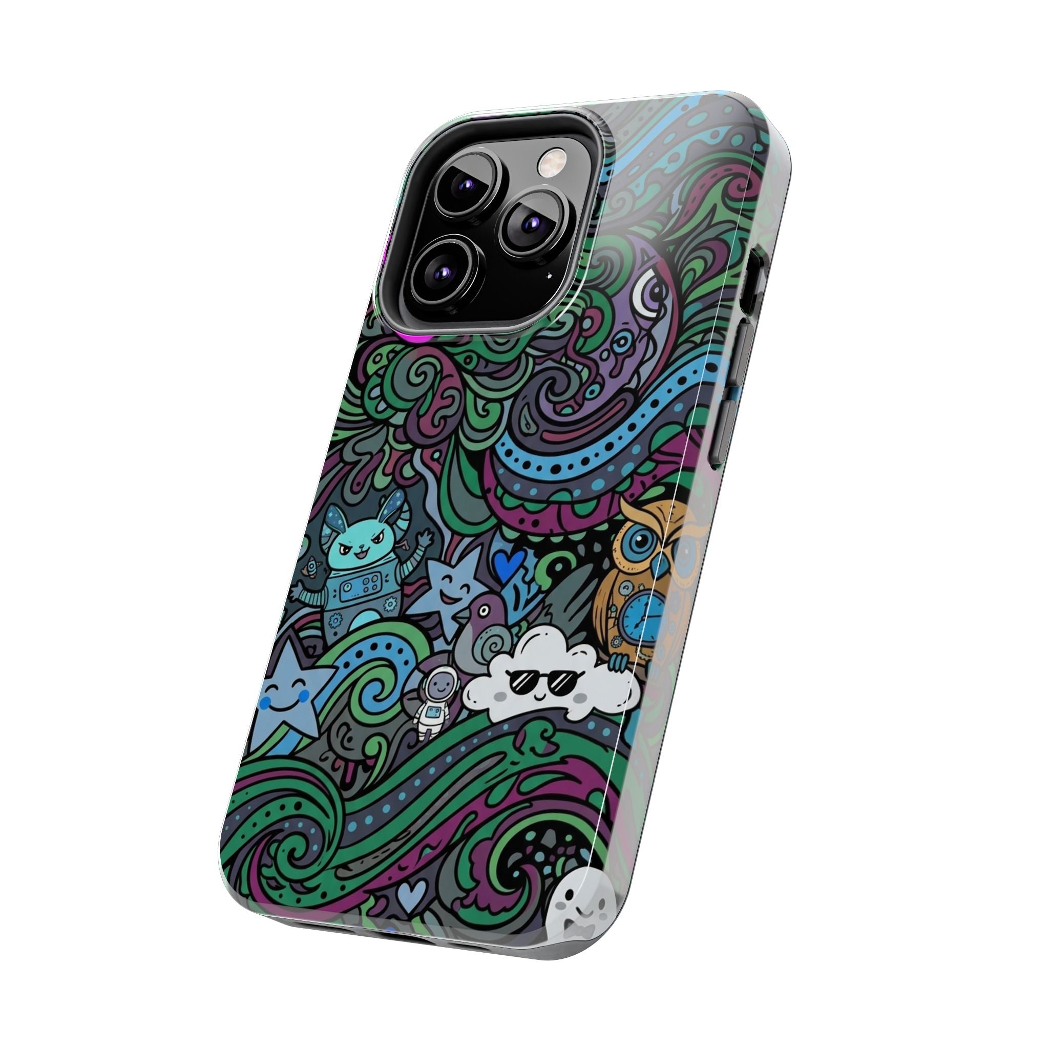 Doodle Night Tough Phone Case — Colorful Whimsical Cartoon Pattern for Teens & Adults