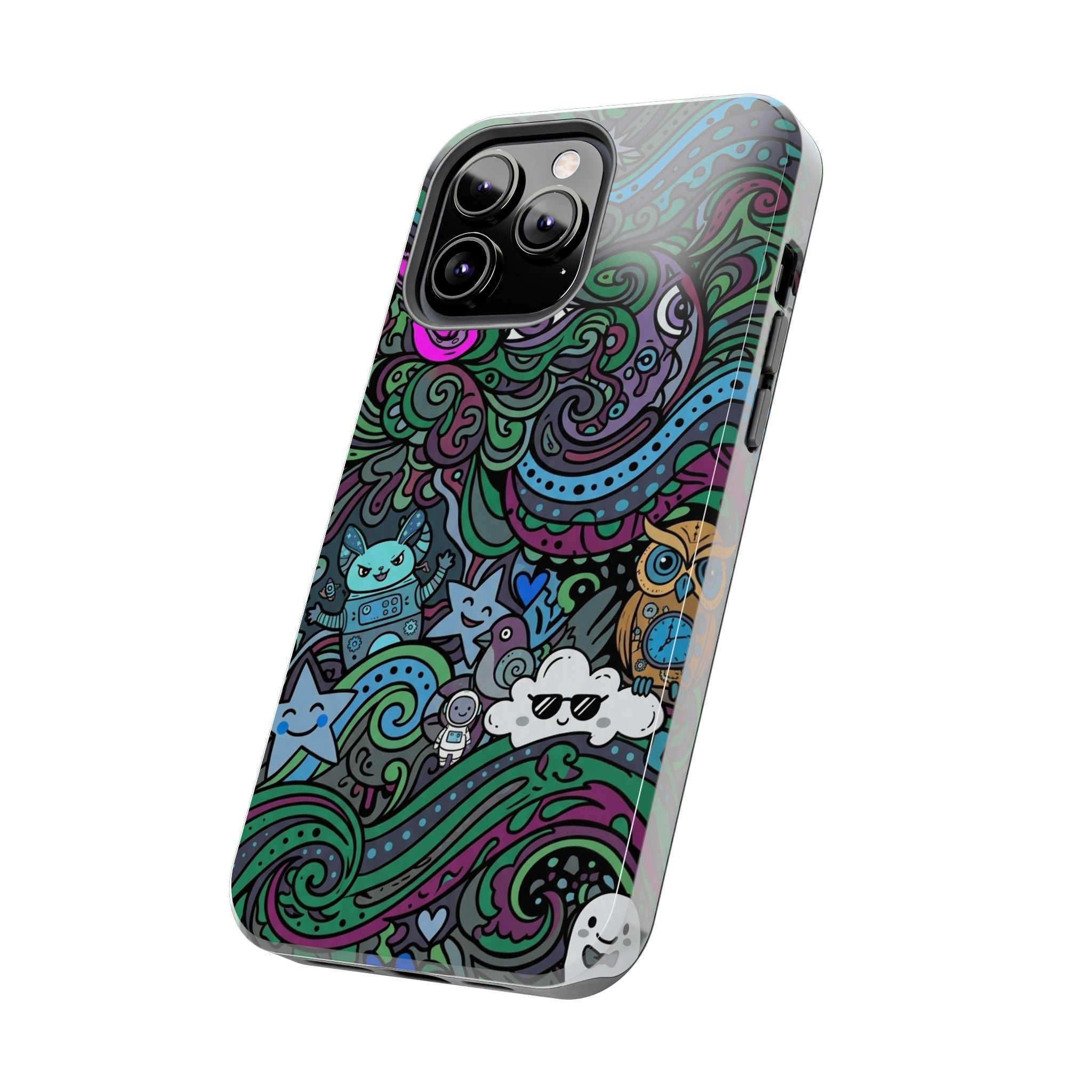 Doodle Night Tough Phone Case — Colorful Whimsical Cartoon Pattern for Teens & Adults