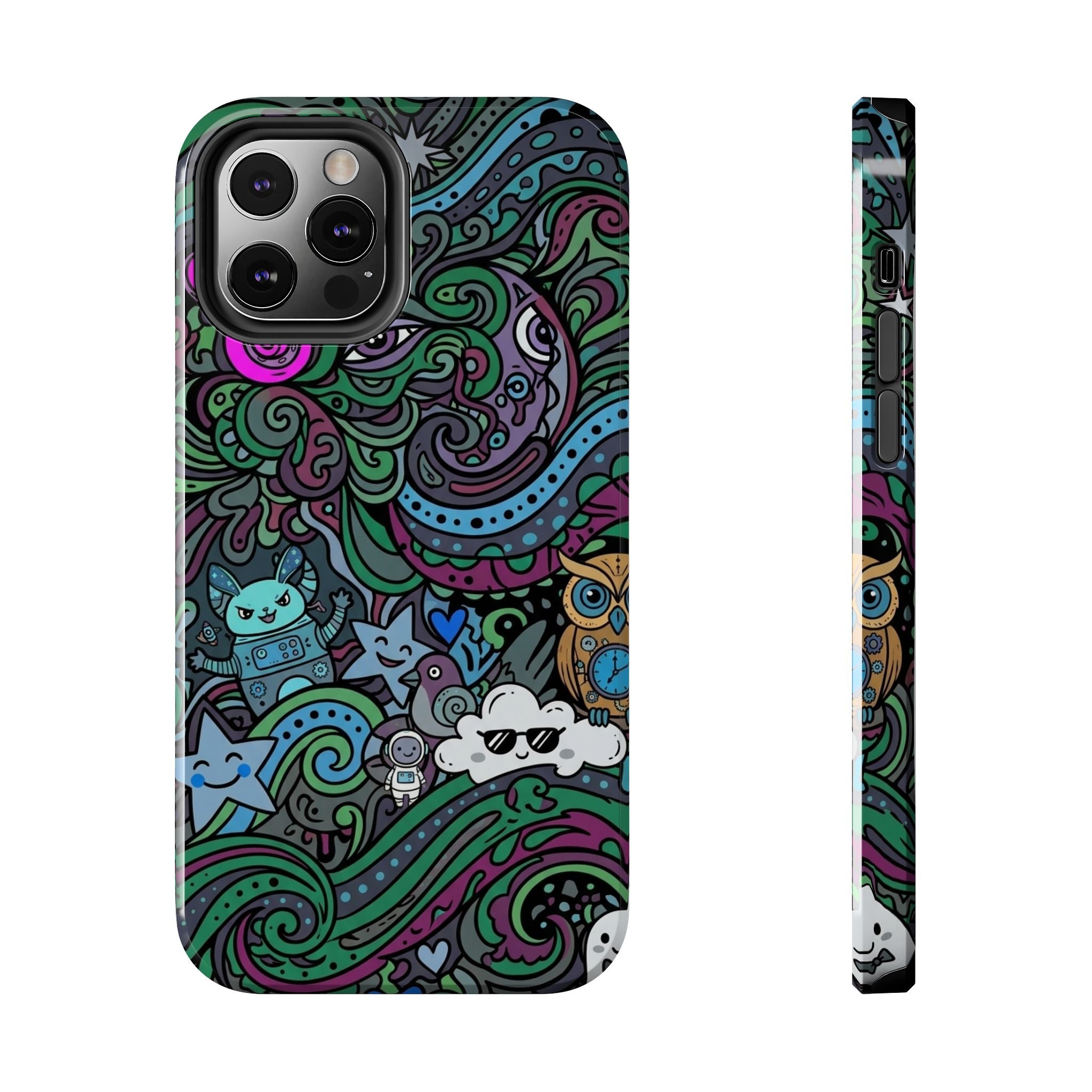 Doodle Night Tough Phone Case — Colorful Whimsical Cartoon Pattern for Teens & Adults