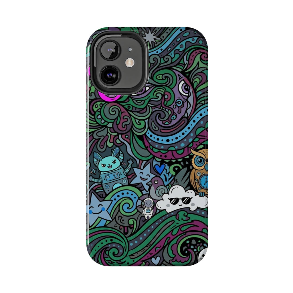 Doodle Night Tough Phone Case — Colorful Whimsical Cartoon Pattern for Teens & Adults