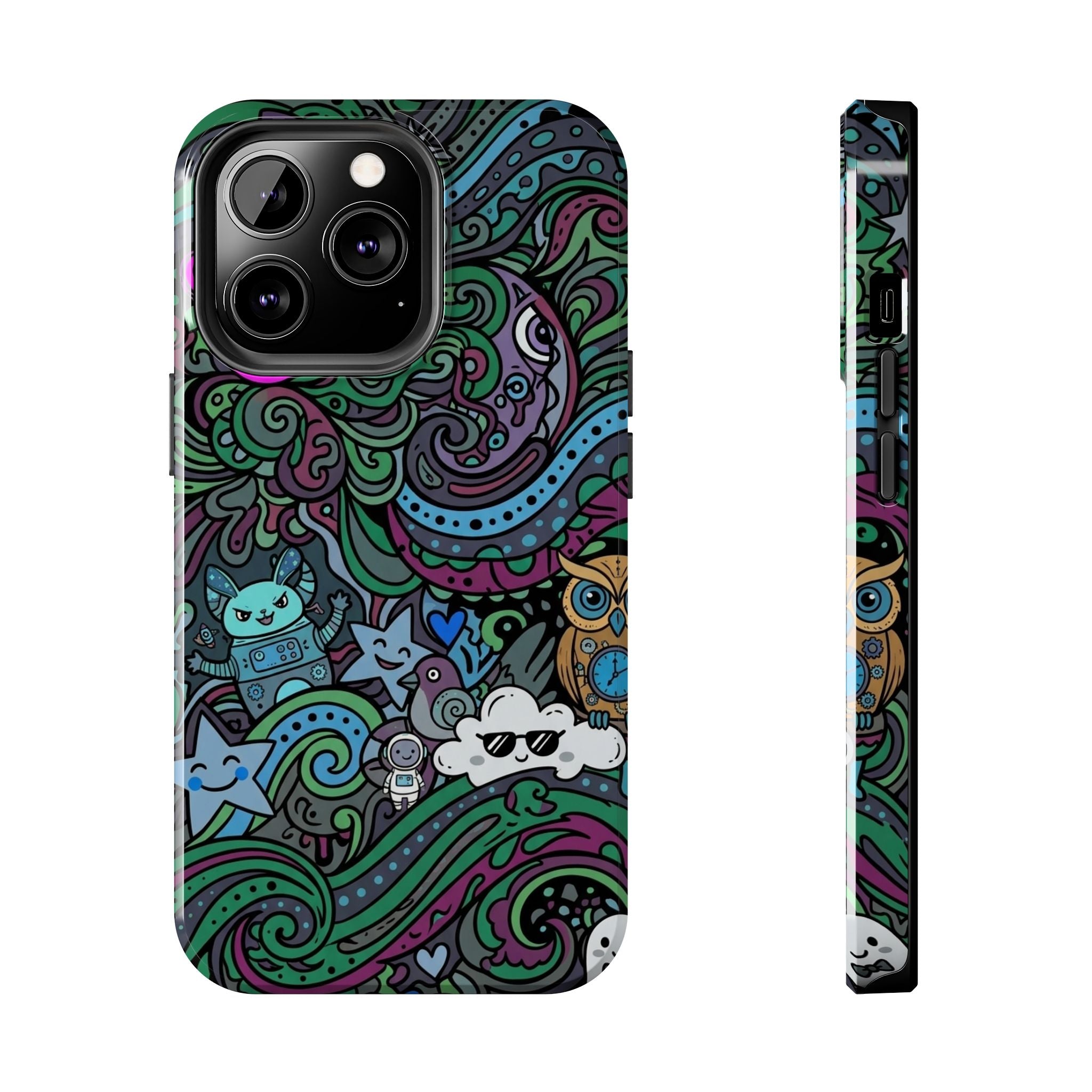 Doodle Night Tough Phone Case — Colorful Whimsical Cartoon Pattern for Teens & Adults