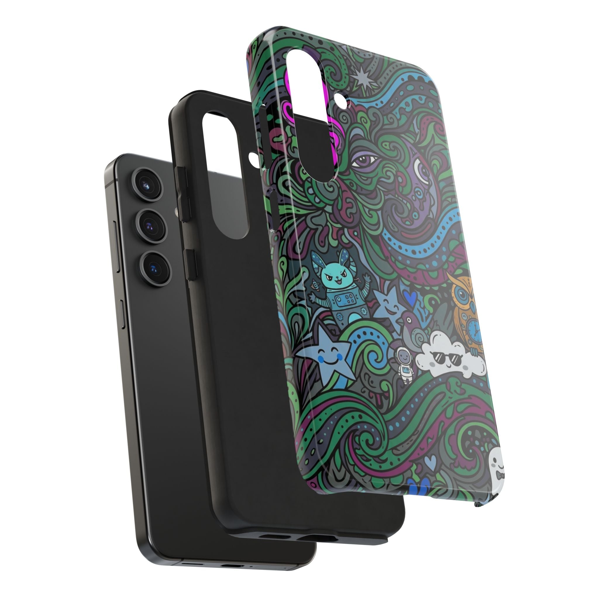 Doodle Night Tough Phone Case — Colorful Whimsical Cartoon Pattern for Teens & Adults