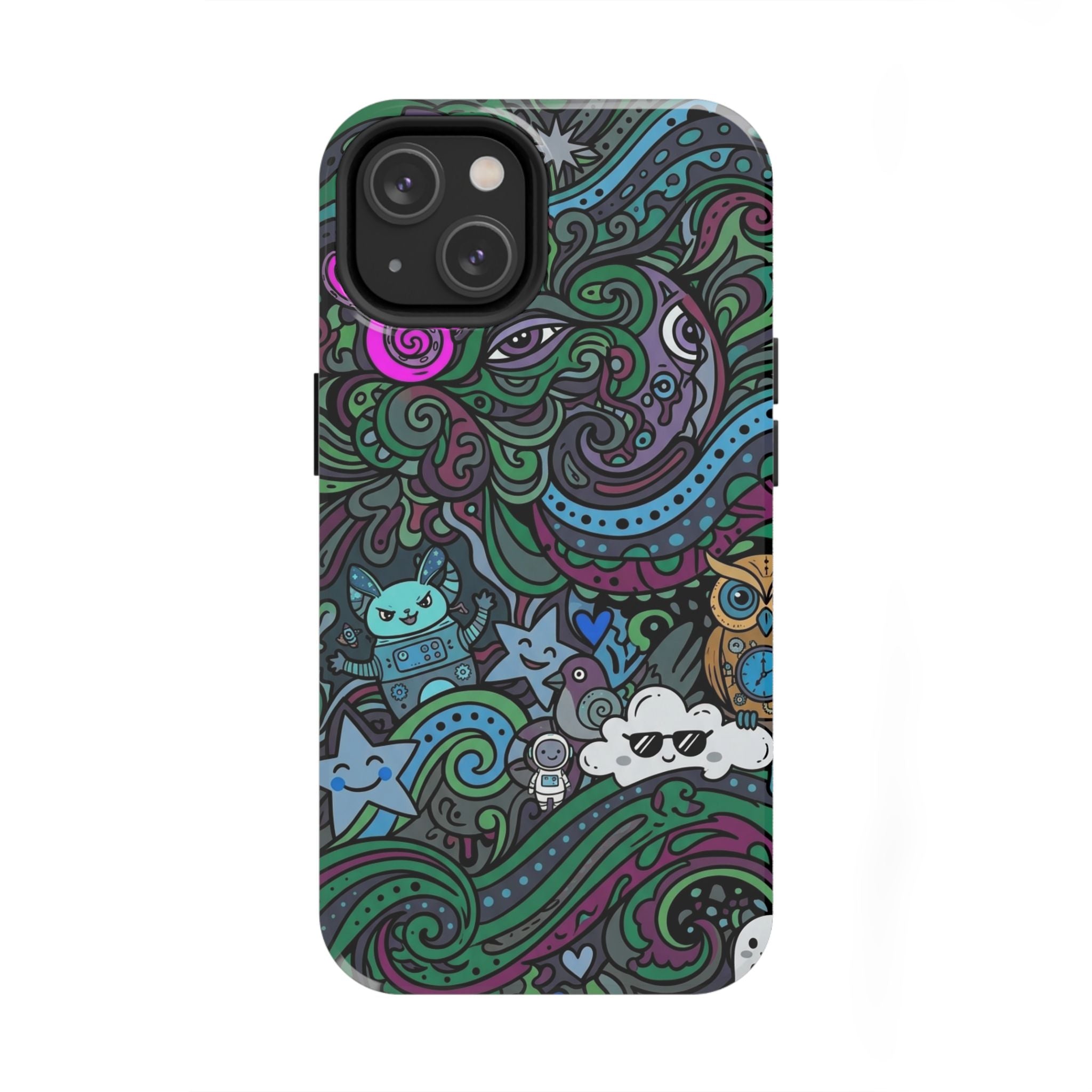 Doodle Night Tough Phone Case — Colorful Whimsical Cartoon Pattern for Teens & Adults