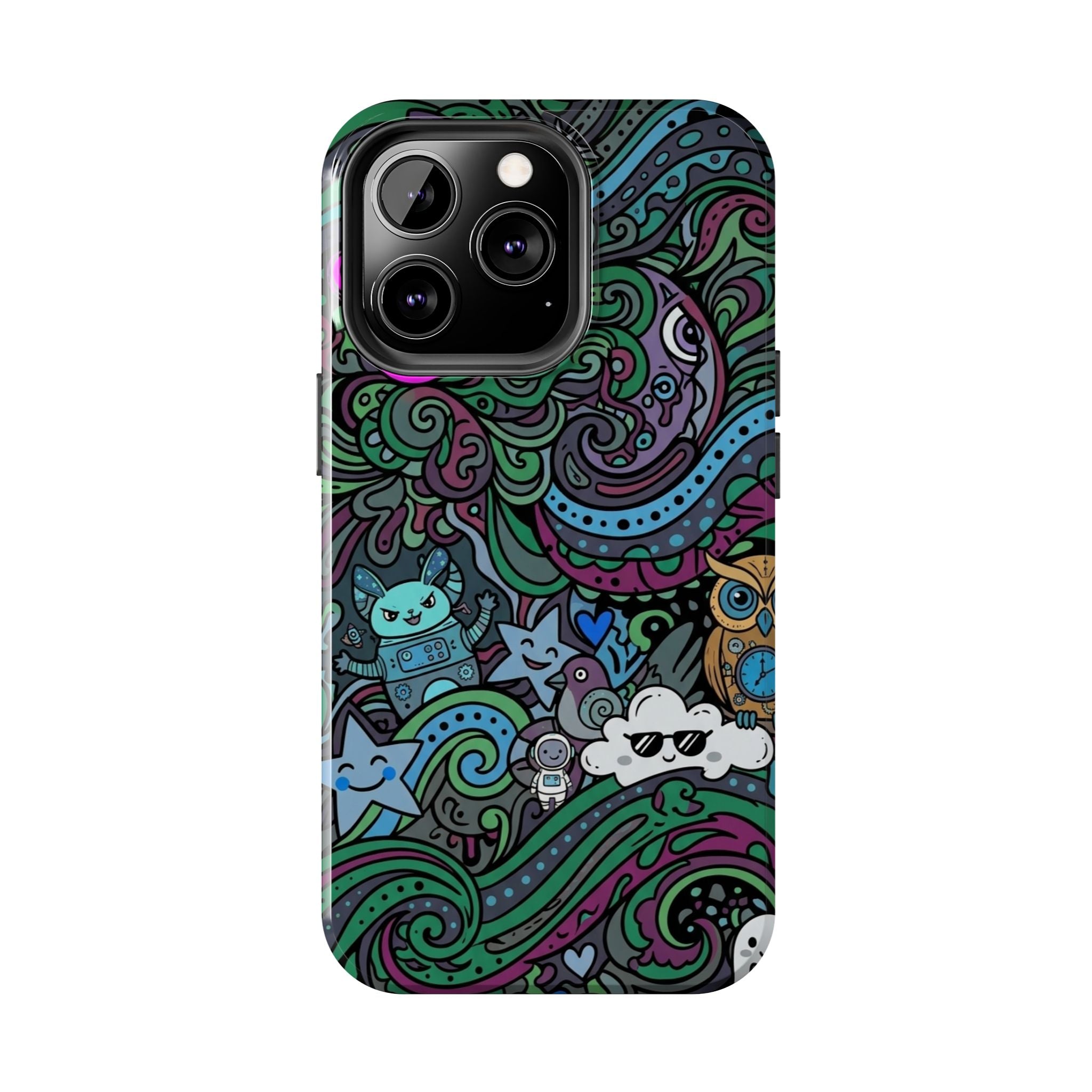 Doodle Night Tough Phone Case — Colorful Whimsical Cartoon Pattern for Teens & Adults