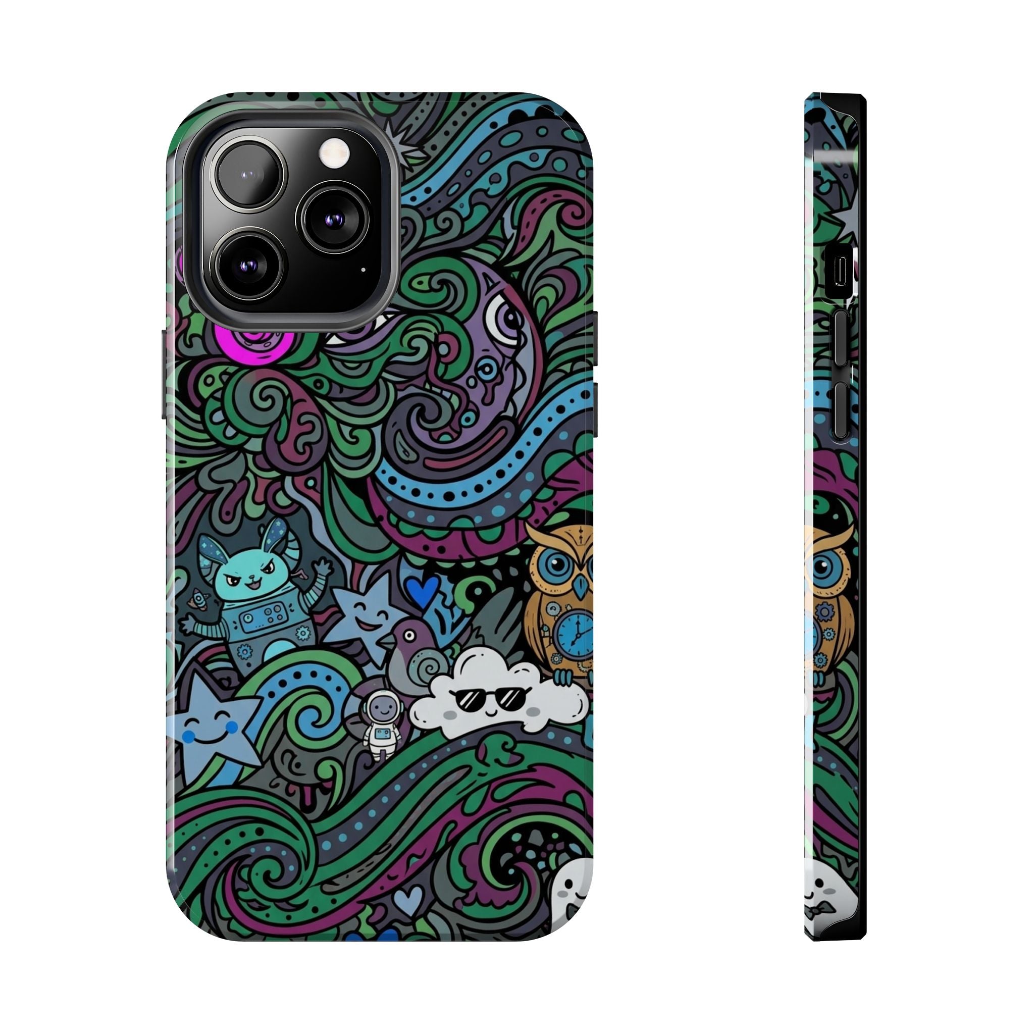 Doodle Night Tough Phone Case — Colorful Whimsical Cartoon Pattern for Teens & Adults