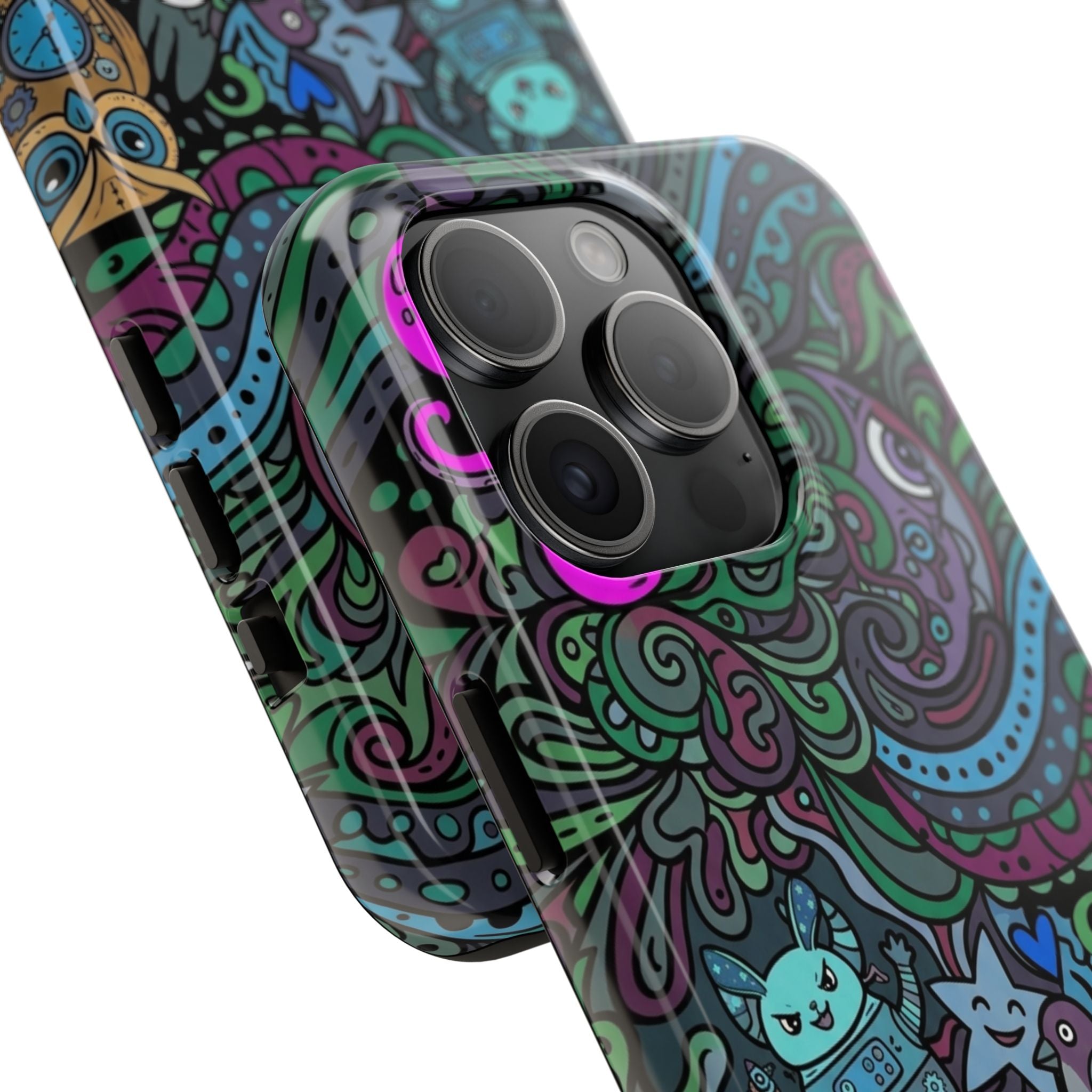 Doodle Night Tough Phone Case — Colorful Whimsical Cartoon Pattern for Teens & Adults