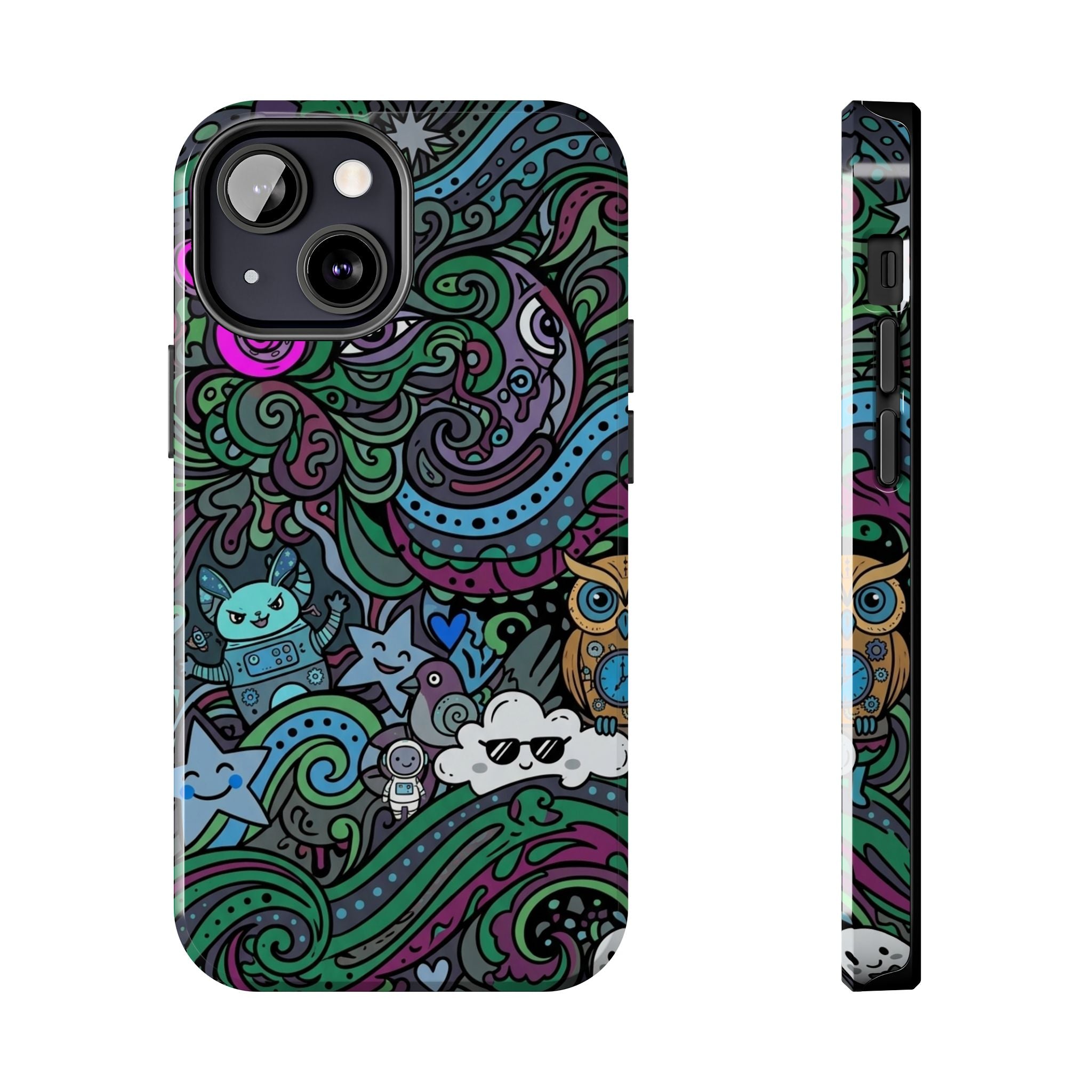 Doodle Night Tough Phone Case — Colorful Whimsical Cartoon Pattern for Teens & Adults