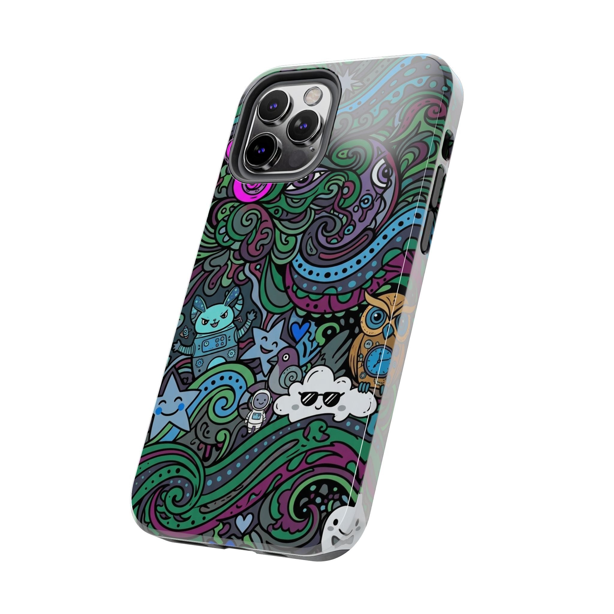 Doodle Night Tough Phone Case — Colorful Whimsical Cartoon Pattern for Teens & Adults