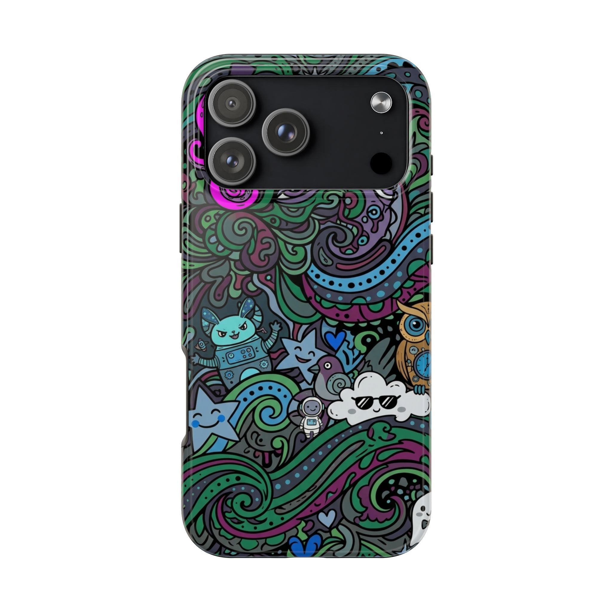 Doodle Night Tough Phone Case — Colorful Whimsical Cartoon Pattern for Teens & Adults