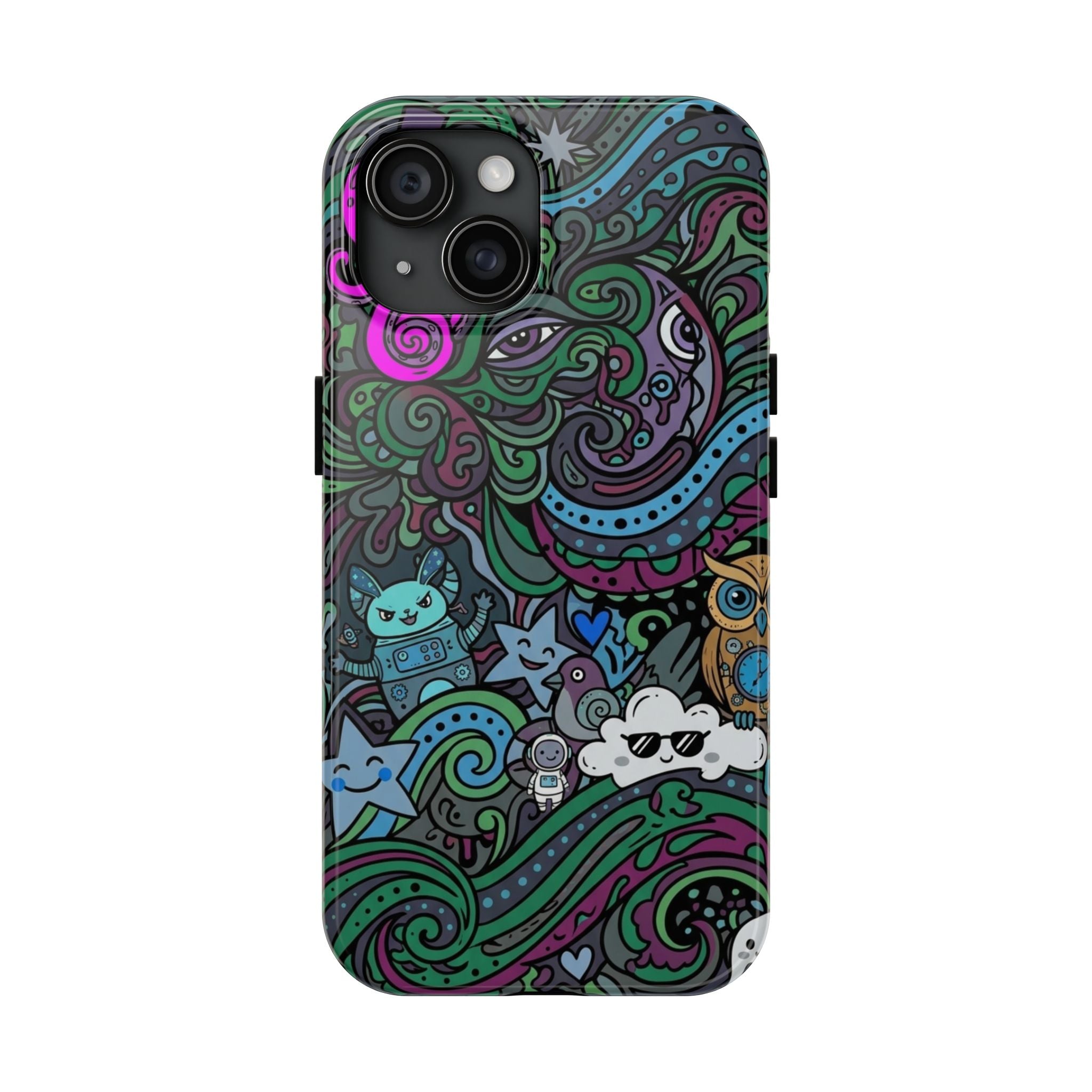 Doodle Night Tough Phone Case — Colorful Whimsical Cartoon Pattern for Teens & Adults