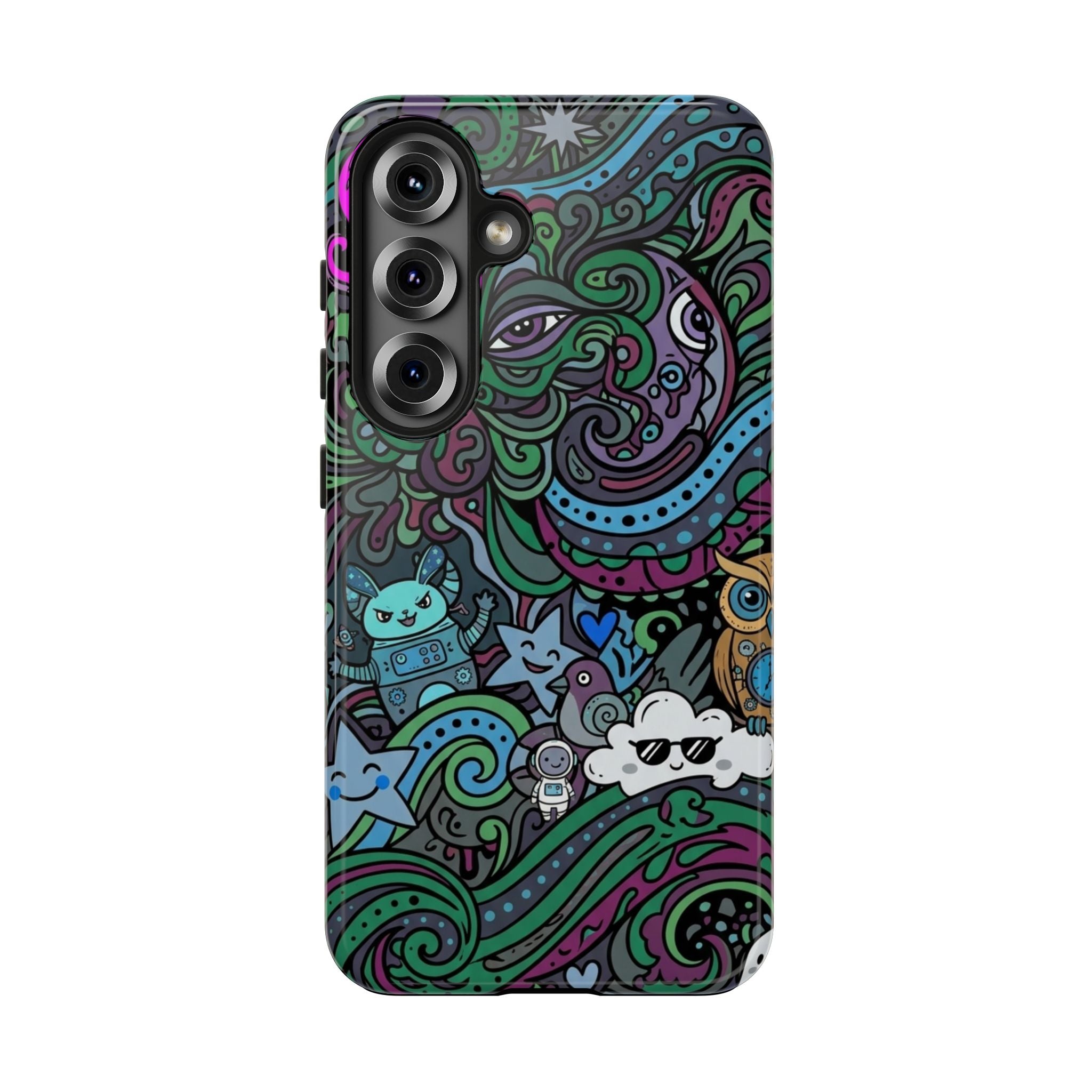 Doodle Night Tough Phone Case — Colorful Whimsical Cartoon Pattern for Teens & Adults