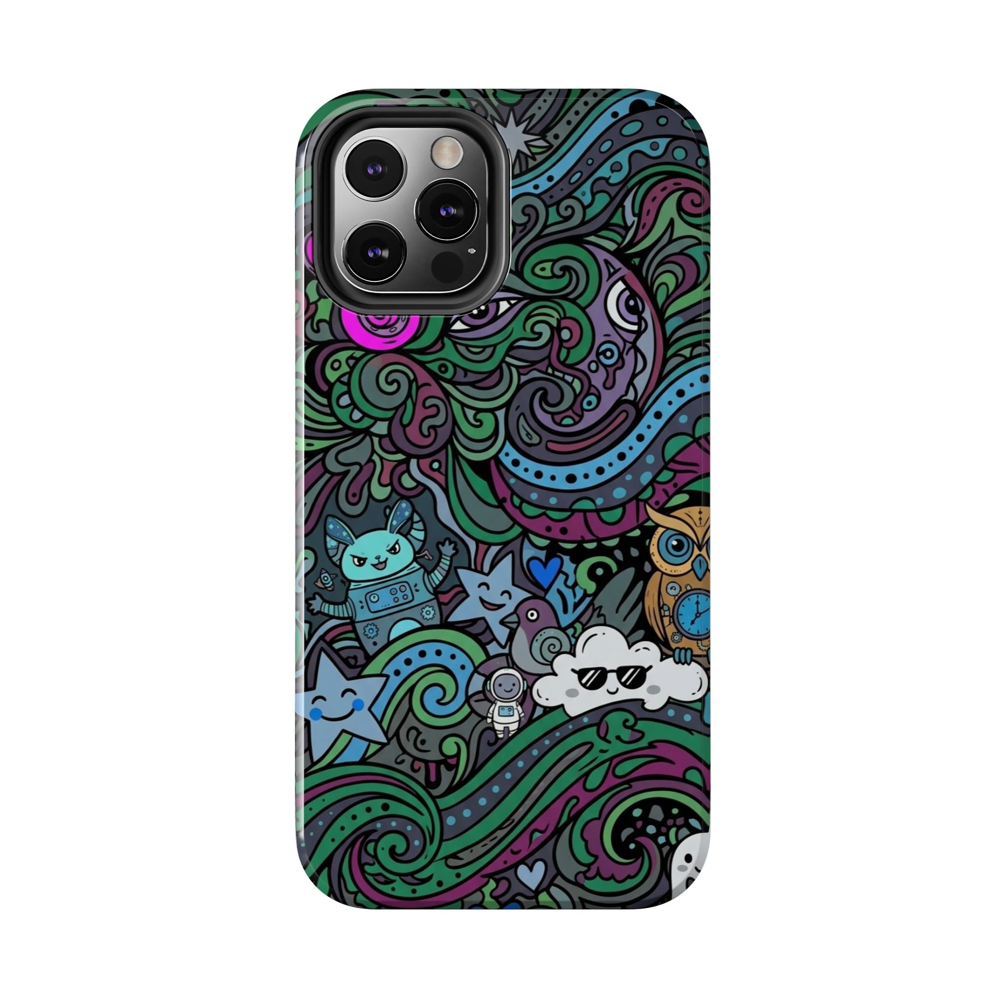 Doodle Night Tough Phone Case — Colorful Whimsical Cartoon Pattern for Teens & Adults