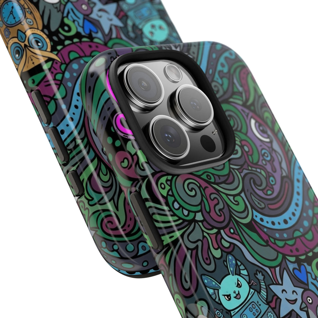 Doodle Night Tough Phone Case — Colorful Whimsical Cartoon Pattern for Teens & Adults