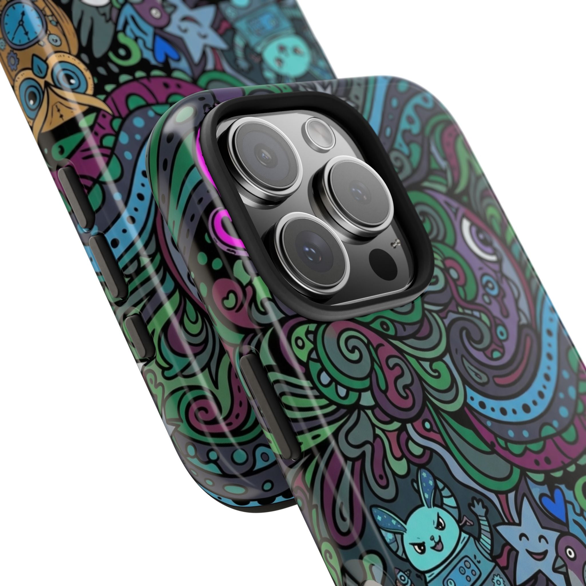 Doodle Night Tough Phone Case — Colorful Whimsical Cartoon Pattern for Teens & Adults