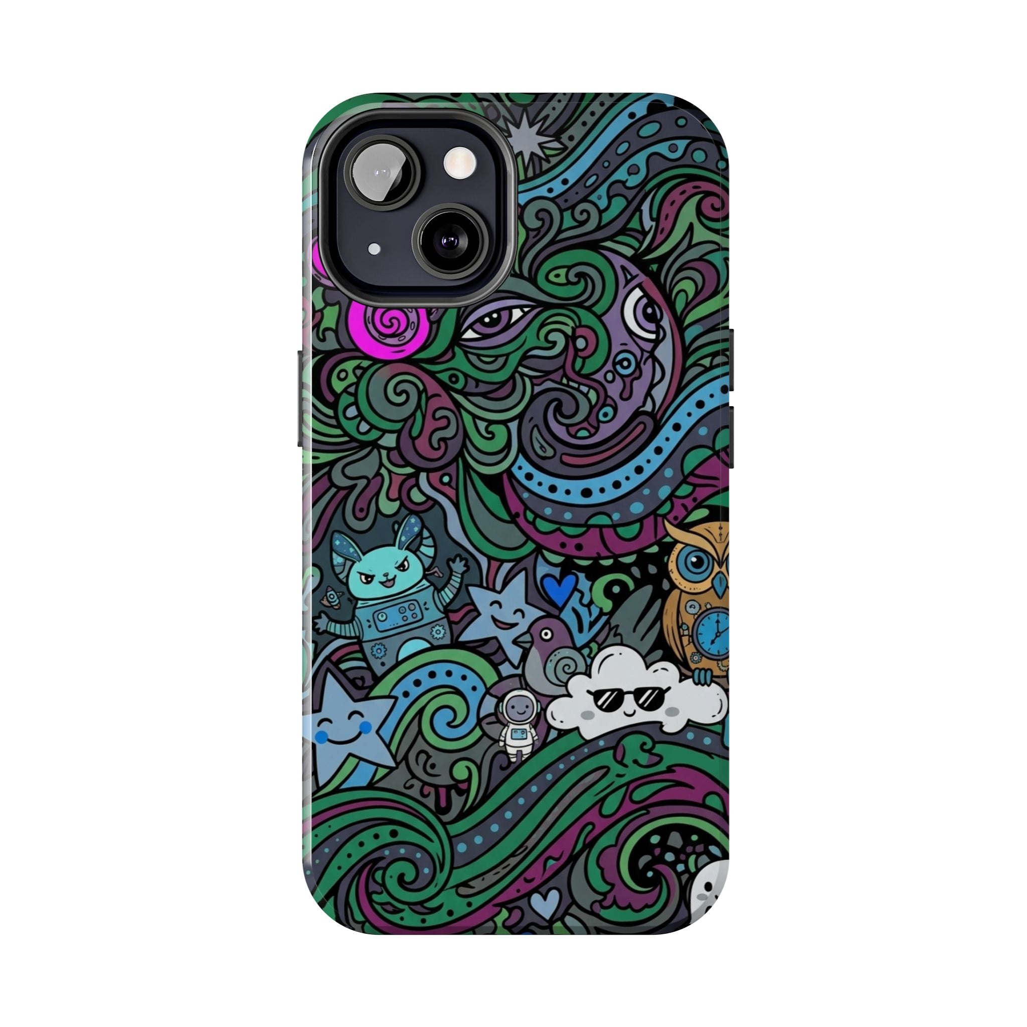 Doodle Night Tough Phone Case — Colorful Whimsical Cartoon Pattern for Teens & Adults
