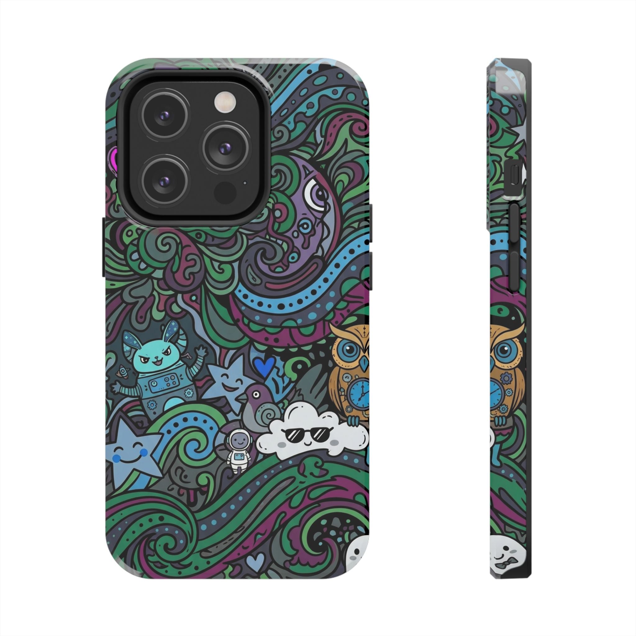Doodle Night Tough Phone Case — Colorful Whimsical Cartoon Pattern for Teens & Adults