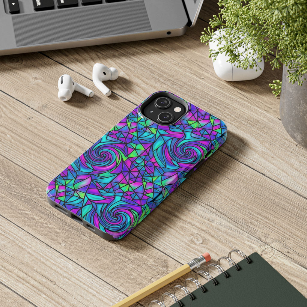 Abstract Stained Glass Swirl Phone Case — Colorful Geometric Tough Cover