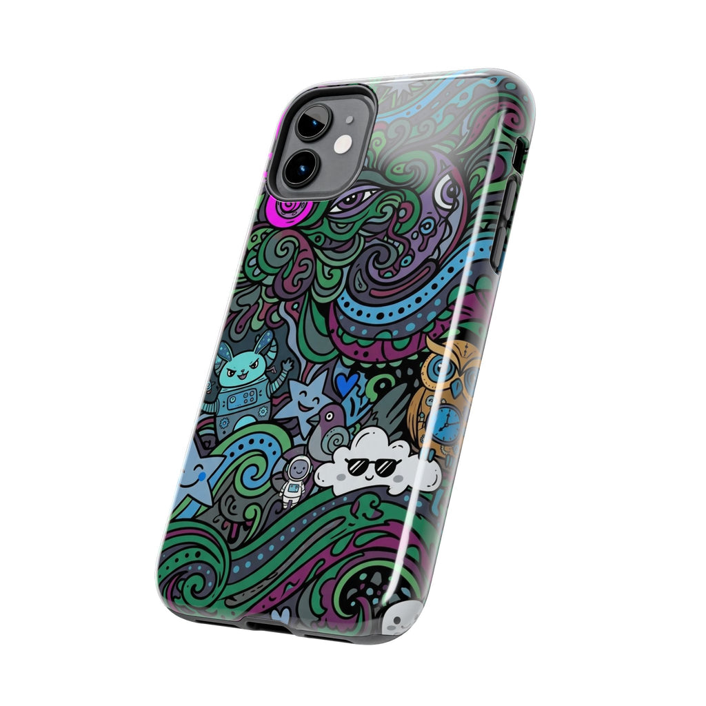 Doodle Night Tough Phone Case — Colorful Whimsical Cartoon Pattern for Teens & Adults