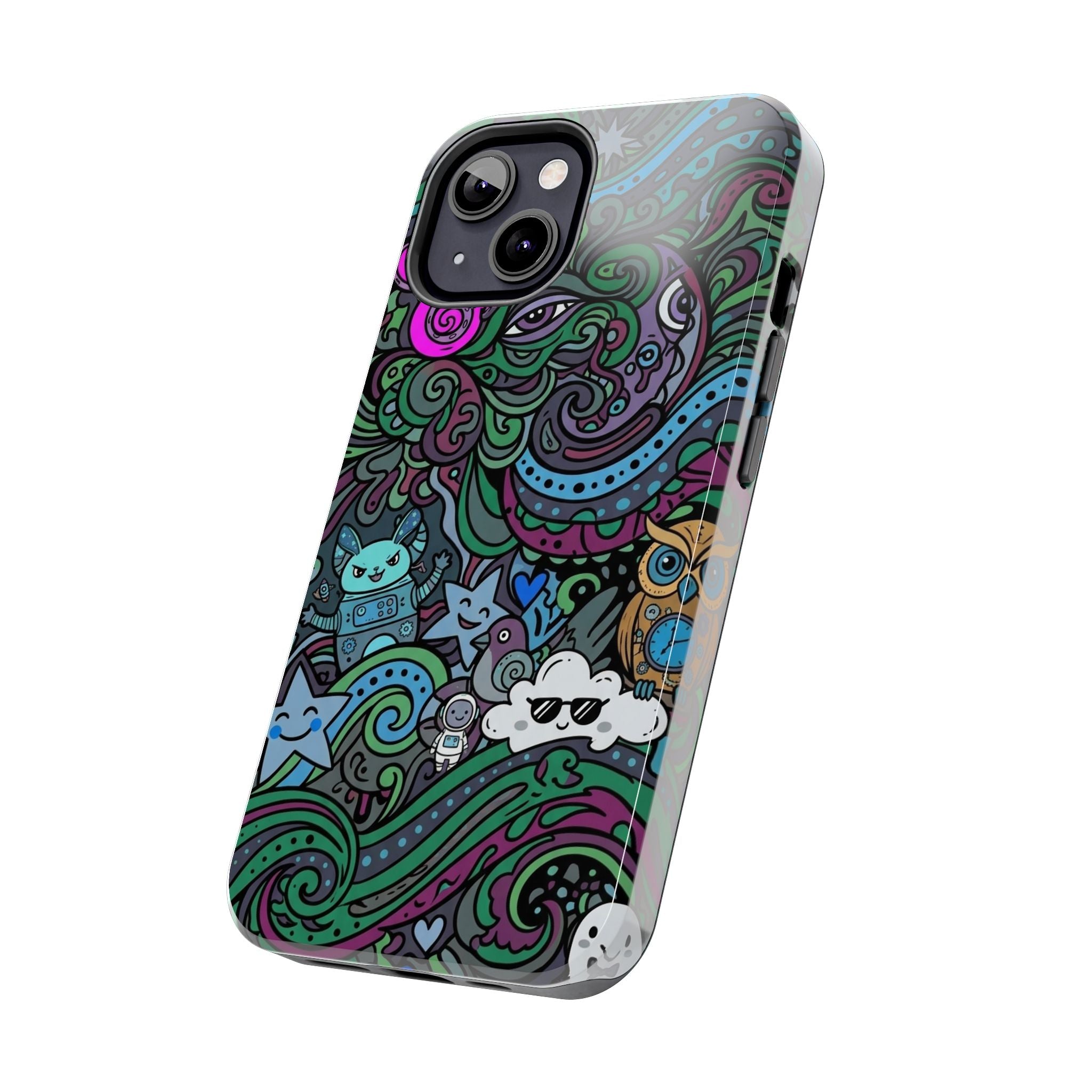 Doodle Night Tough Phone Case — Colorful Whimsical Cartoon Pattern for Teens & Adults