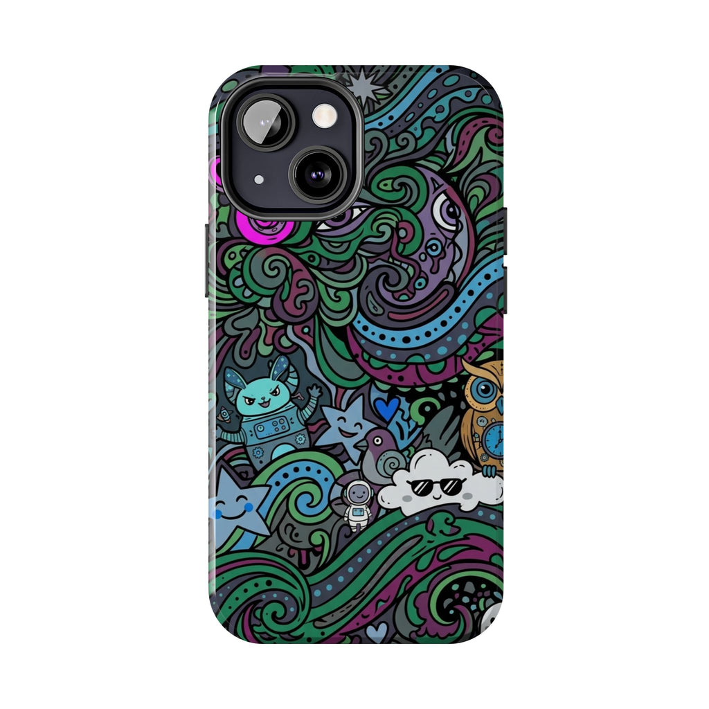 Doodle Night Tough Phone Case — Colorful Whimsical Cartoon Pattern for Teens & Adults