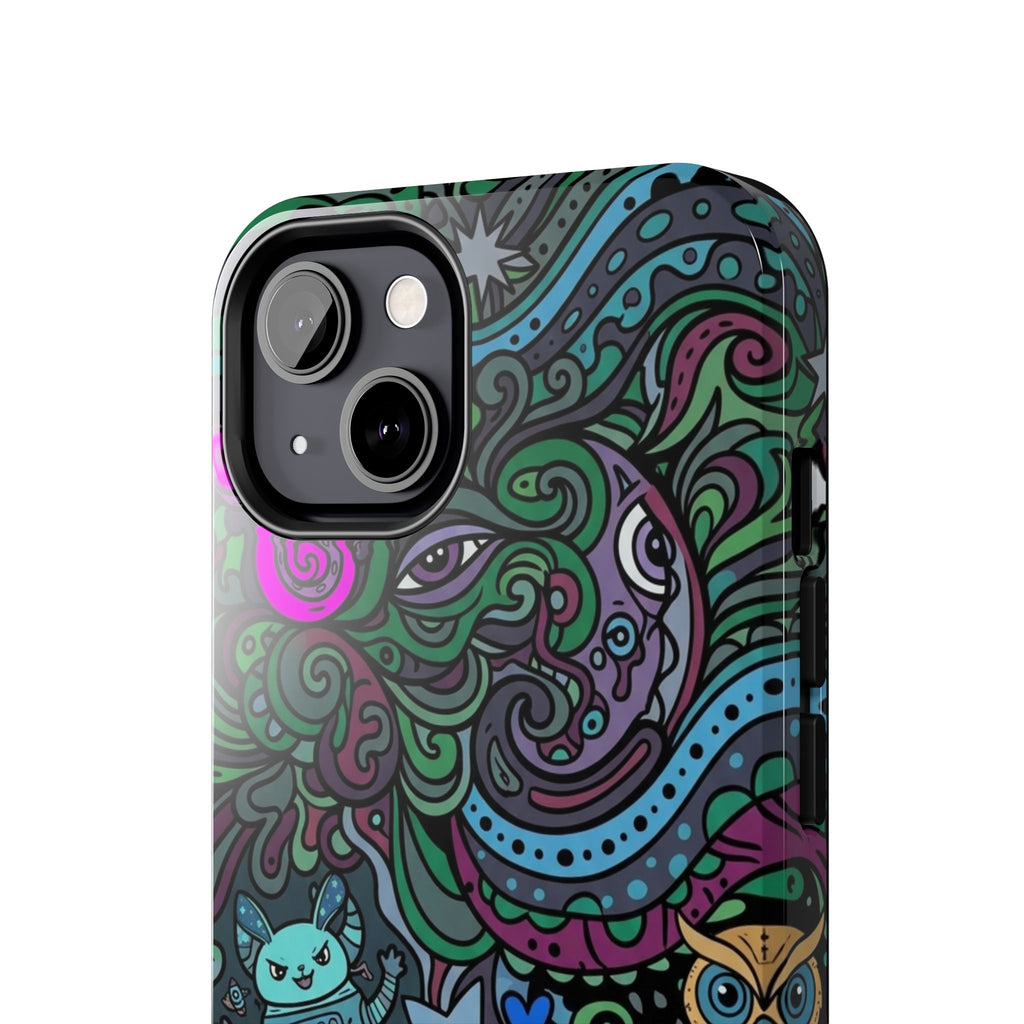 Doodle Night Tough Phone Case — Colorful Whimsical Cartoon Pattern for Teens & Adults