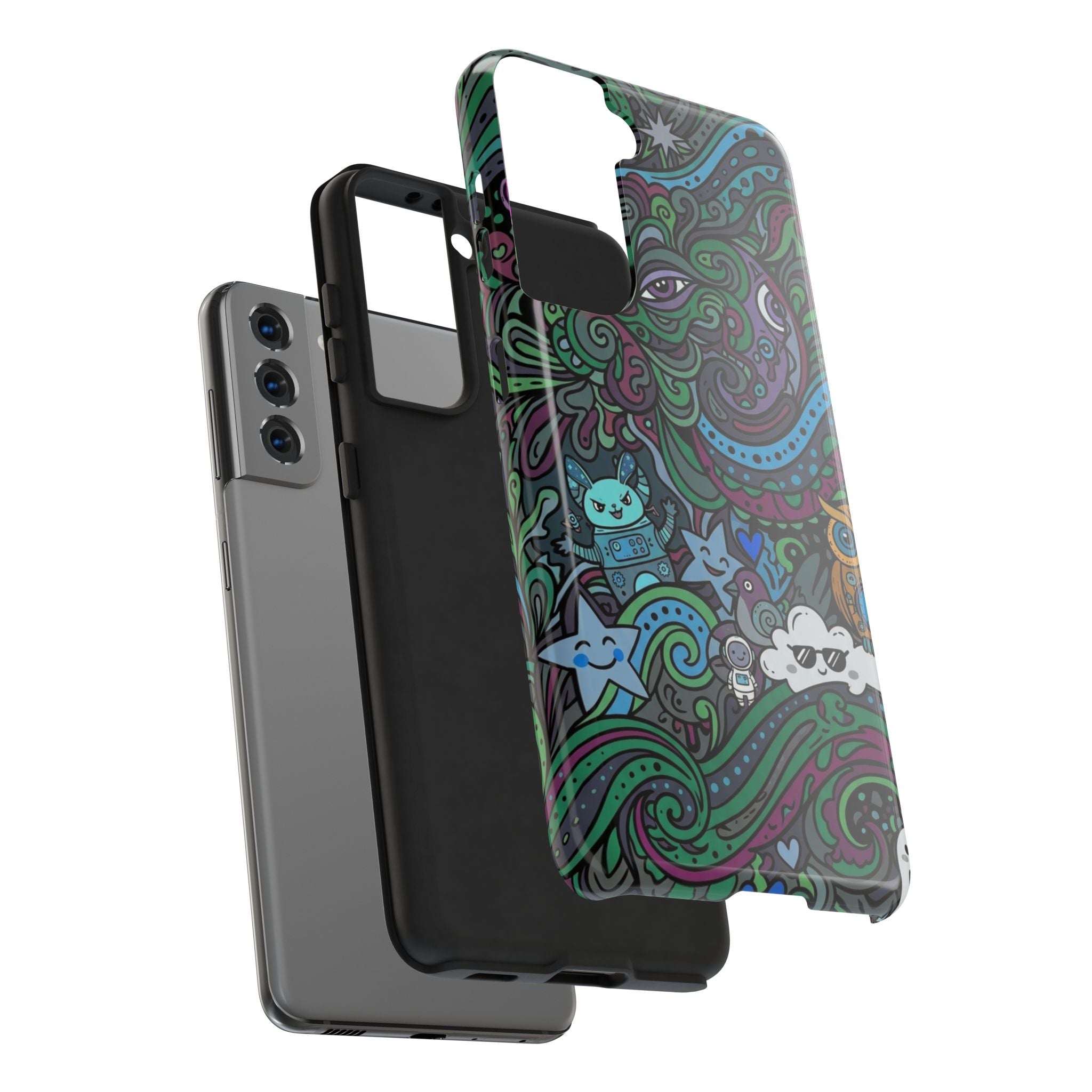 Doodle Night Tough Phone Case — Colorful Whimsical Cartoon Pattern for Teens & Adults