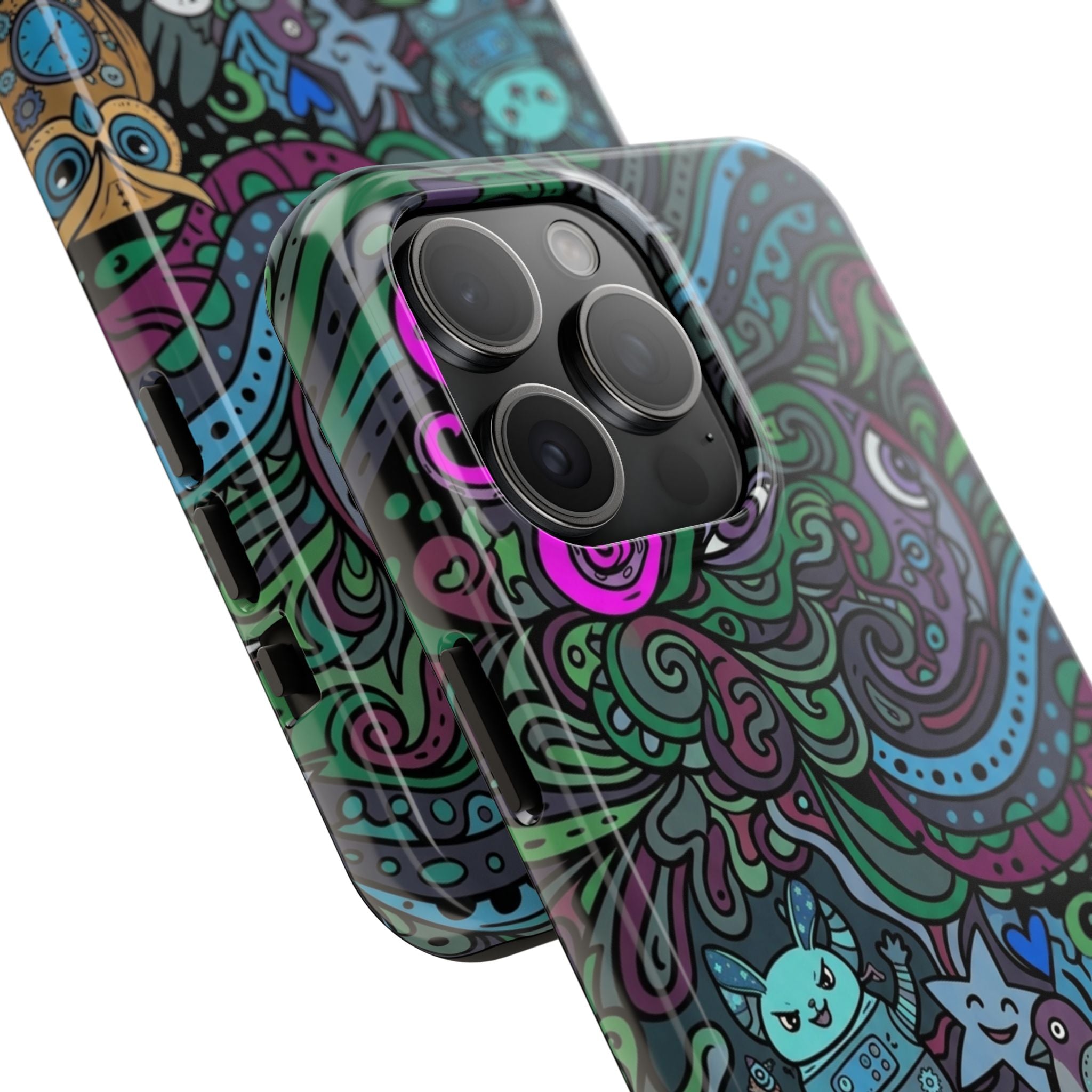 Doodle Night Tough Phone Case — Colorful Whimsical Cartoon Pattern for Teens & Adults