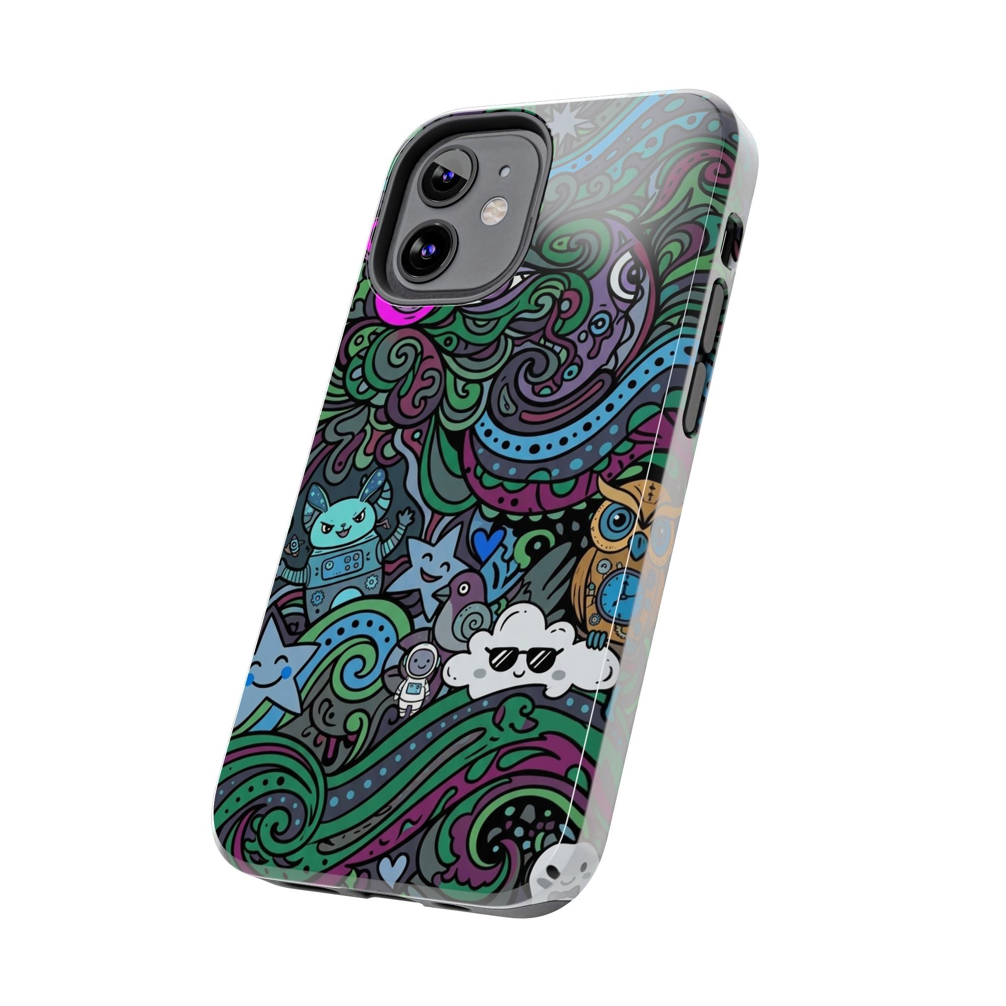 Doodle Night Tough Phone Case — Colorful Whimsical Cartoon Pattern for Teens & Adults