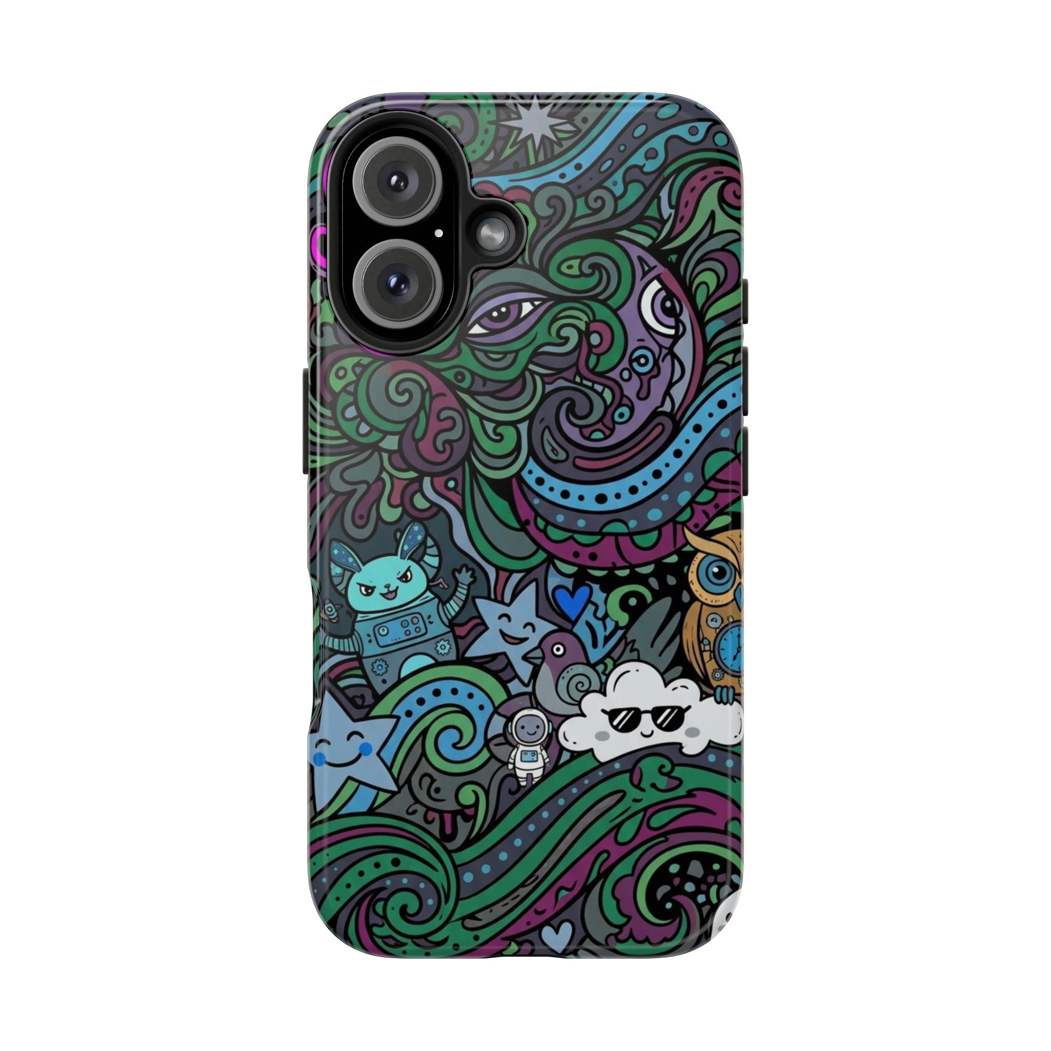 Doodle Night Tough Phone Case — Colorful Whimsical Cartoon Pattern for Teens & Adults