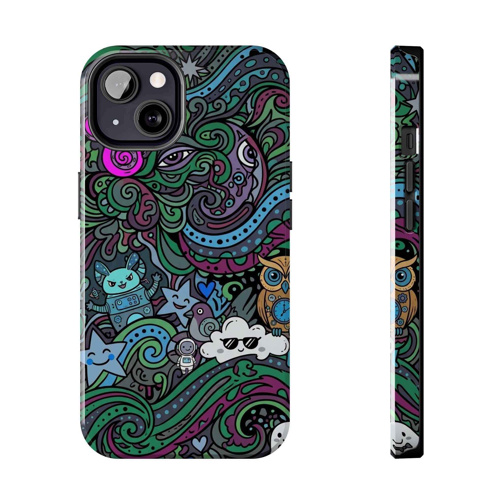 Doodle Night Tough Phone Case — Colorful Whimsical Cartoon Pattern for Teens & Adults