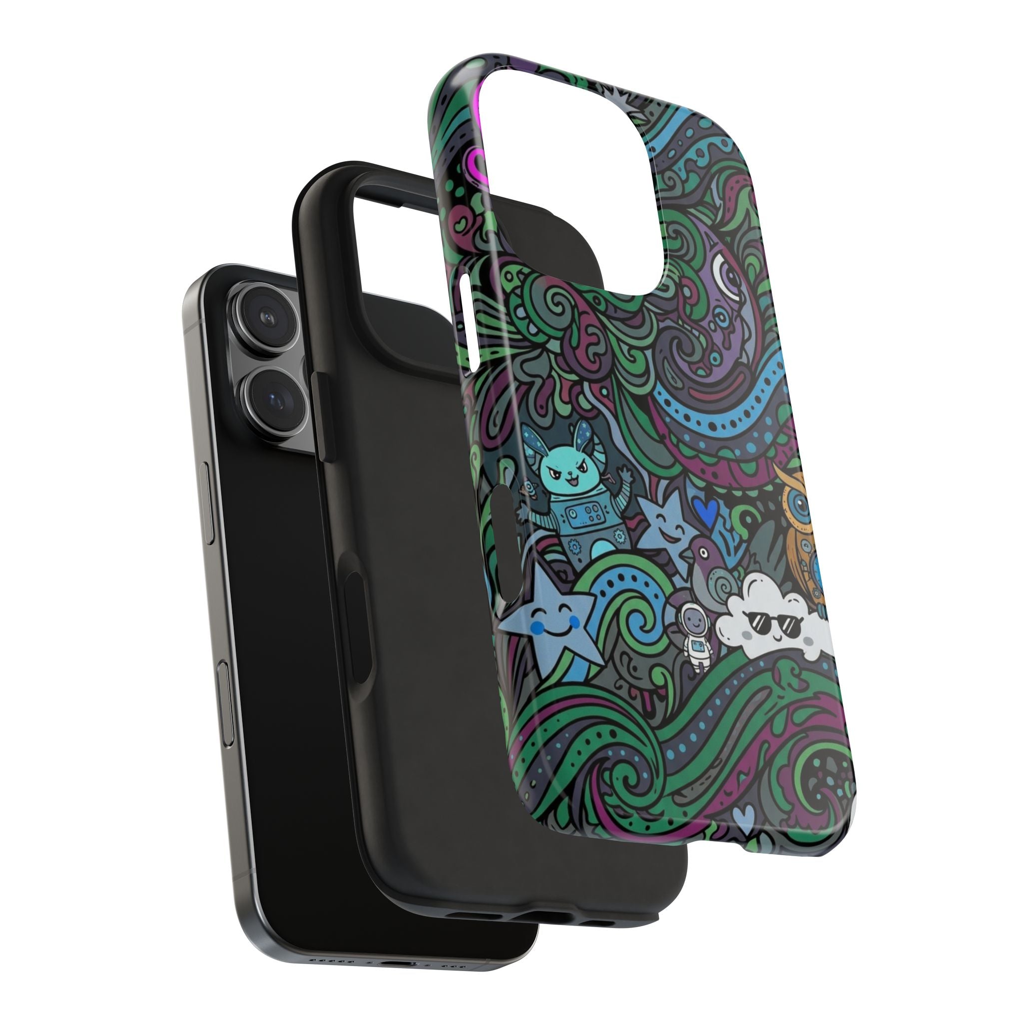 Doodle Night Tough Phone Case — Colorful Whimsical Cartoon Pattern for Teens & Adults