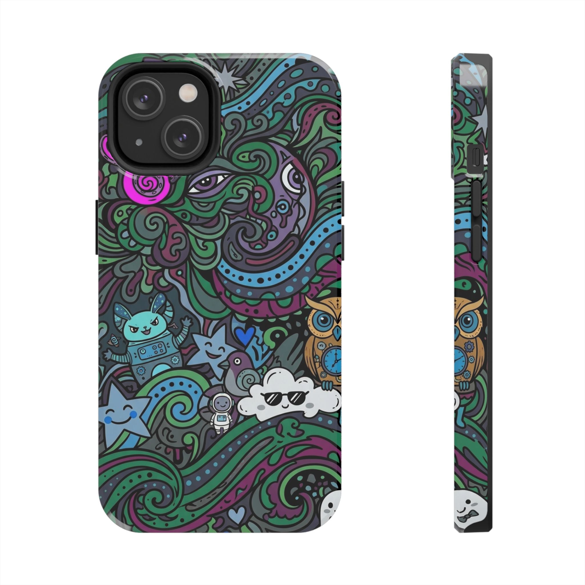 Doodle Night Tough Phone Case — Colorful Whimsical Cartoon Pattern for Teens & Adults