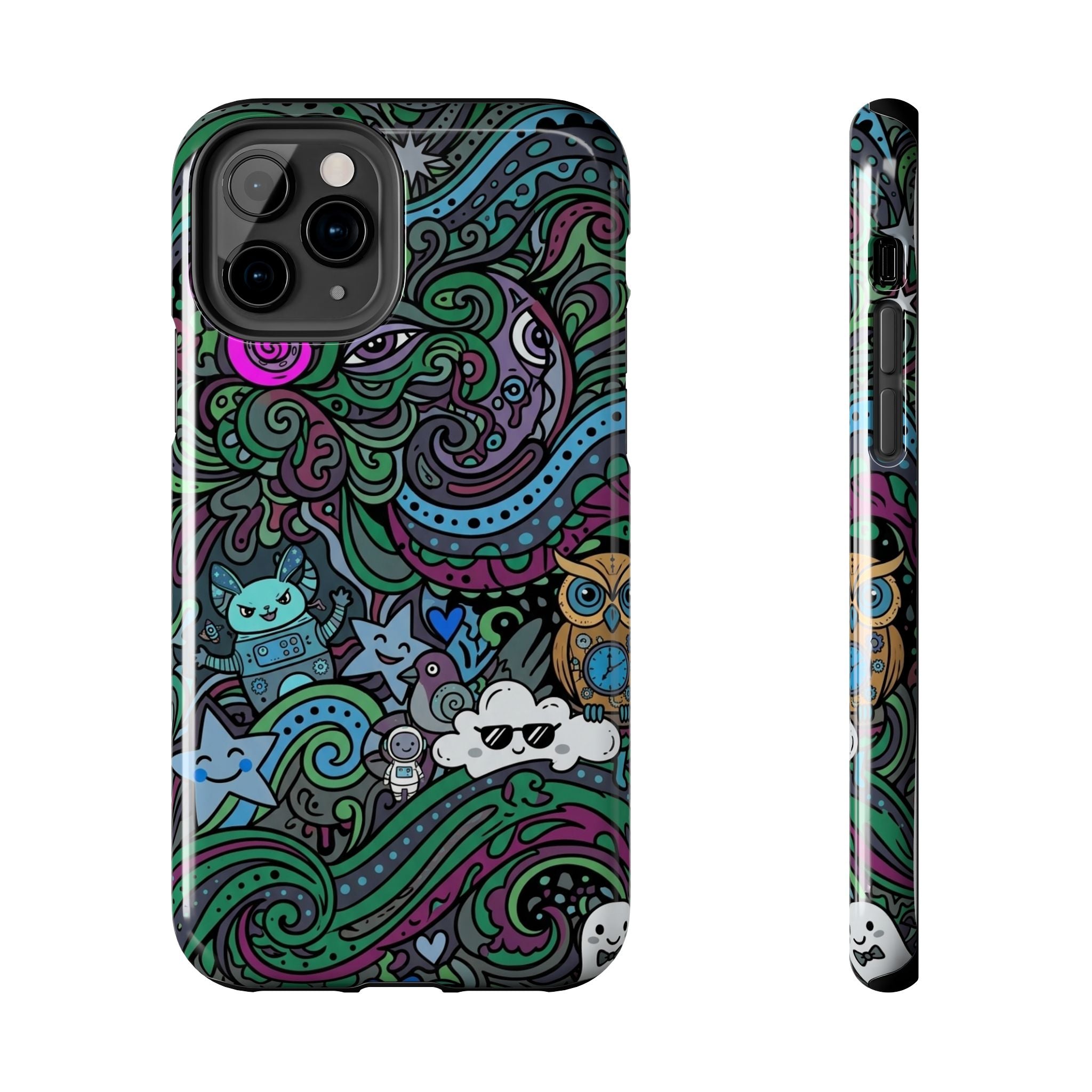 Doodle Night Tough Phone Case — Colorful Whimsical Cartoon Pattern for Teens & Adults