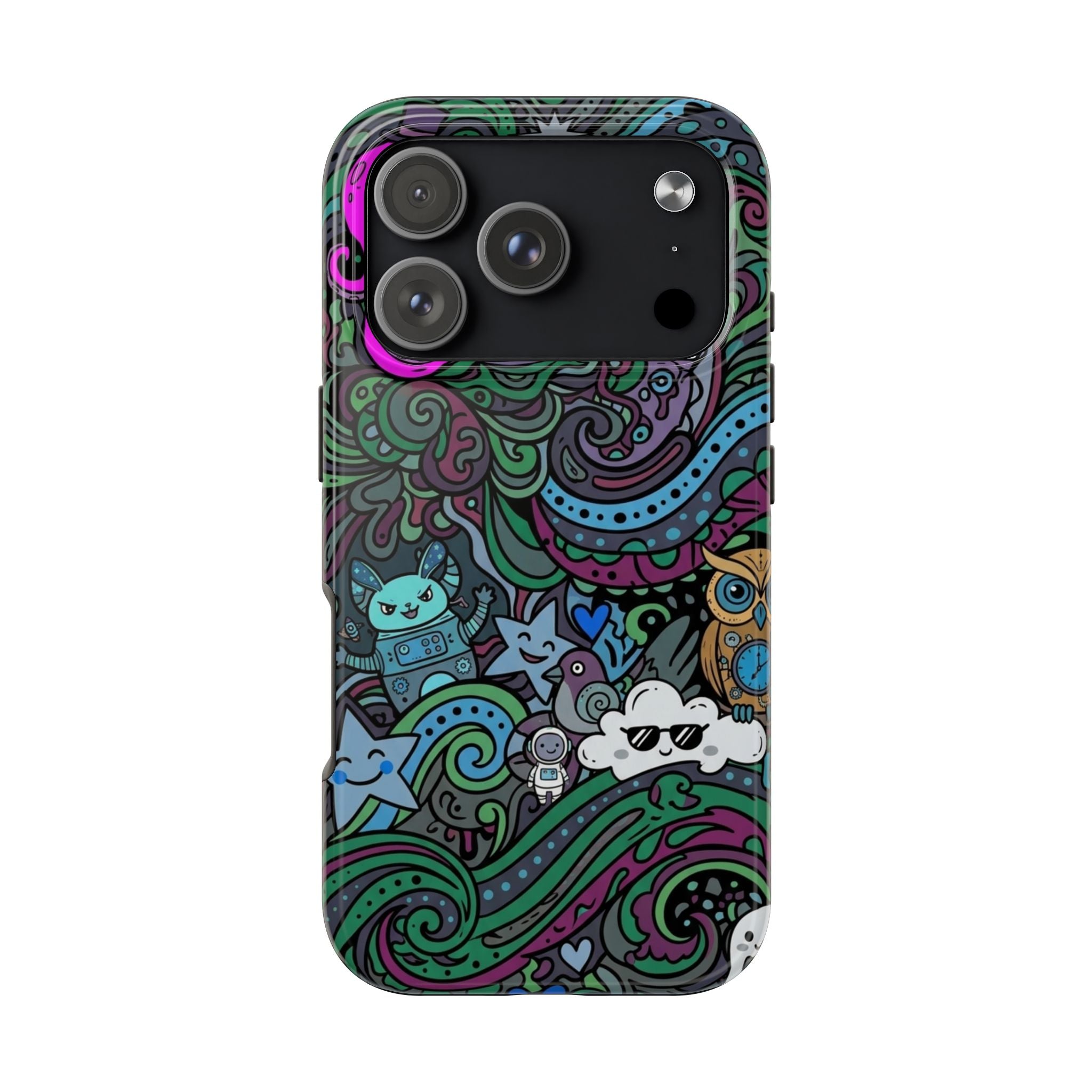 Doodle Night Tough Phone Case — Colorful Whimsical Cartoon Pattern for Teens & Adults