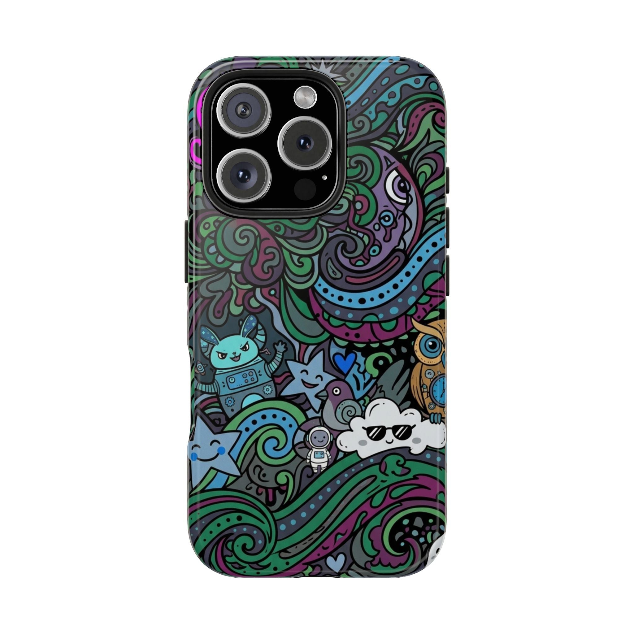 Doodle Night Tough Phone Case — Colorful Whimsical Cartoon Pattern for Teens & Adults