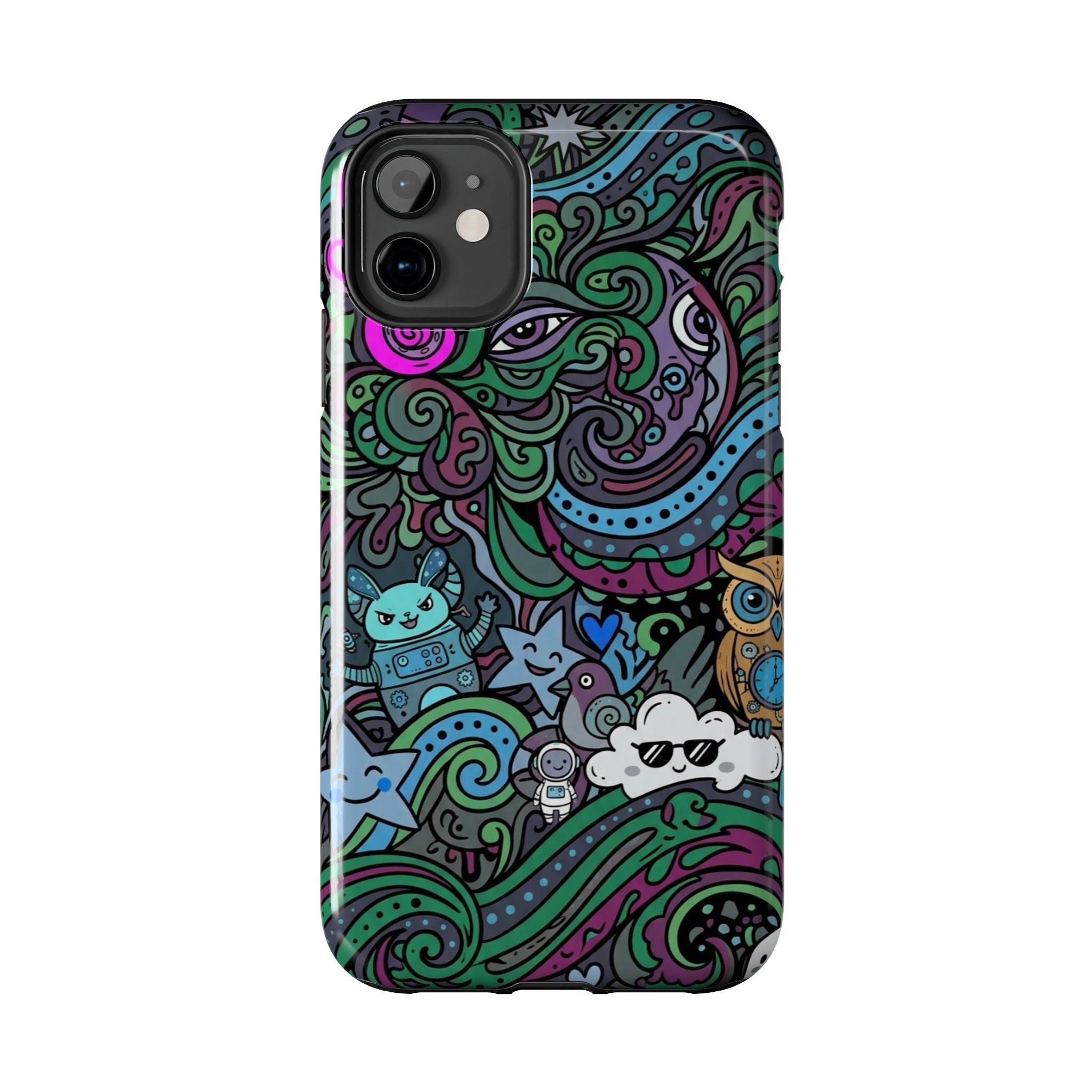 Doodle Night Tough Phone Case — Colorful Whimsical Cartoon Pattern for Teens & Adults