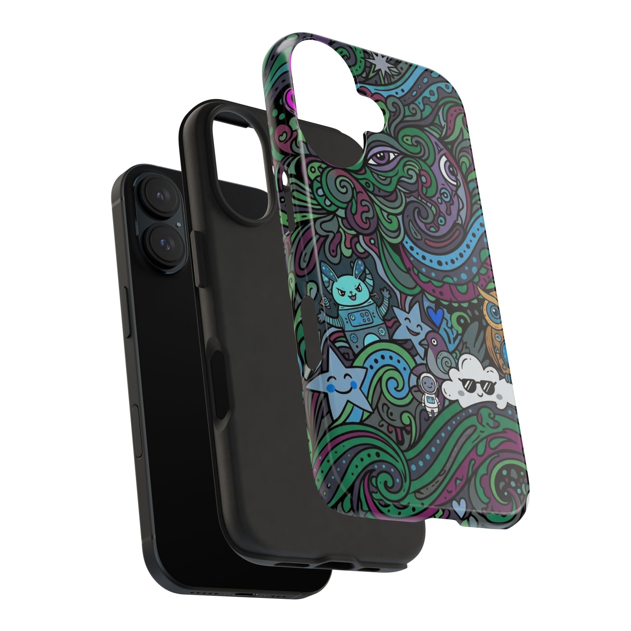 Doodle Night Tough Phone Case — Colorful Whimsical Cartoon Pattern for Teens & Adults