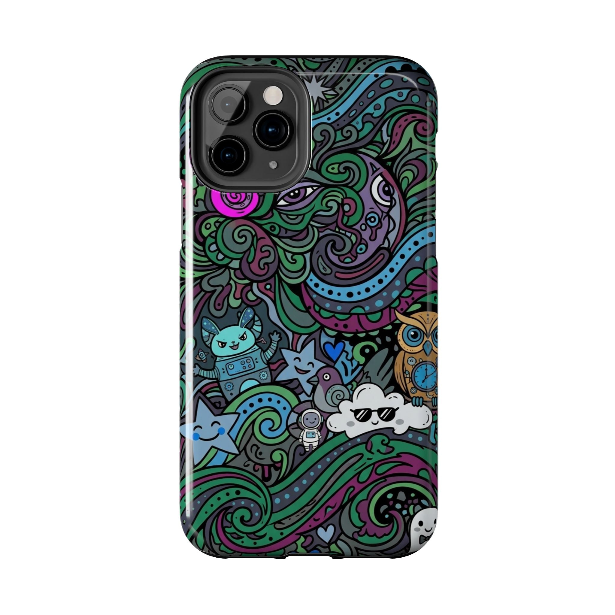 Doodle Night Tough Phone Case — Colorful Whimsical Cartoon Pattern for Teens & Adults