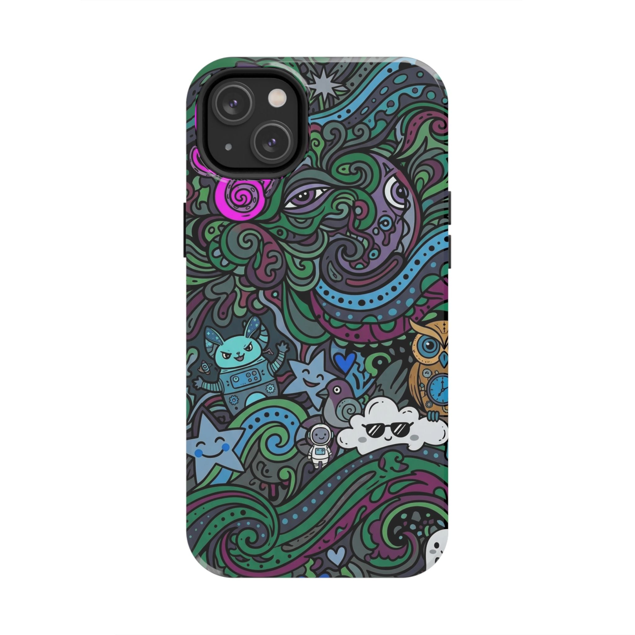 Doodle Night Tough Phone Case — Colorful Whimsical Cartoon Pattern for Teens & Adults
